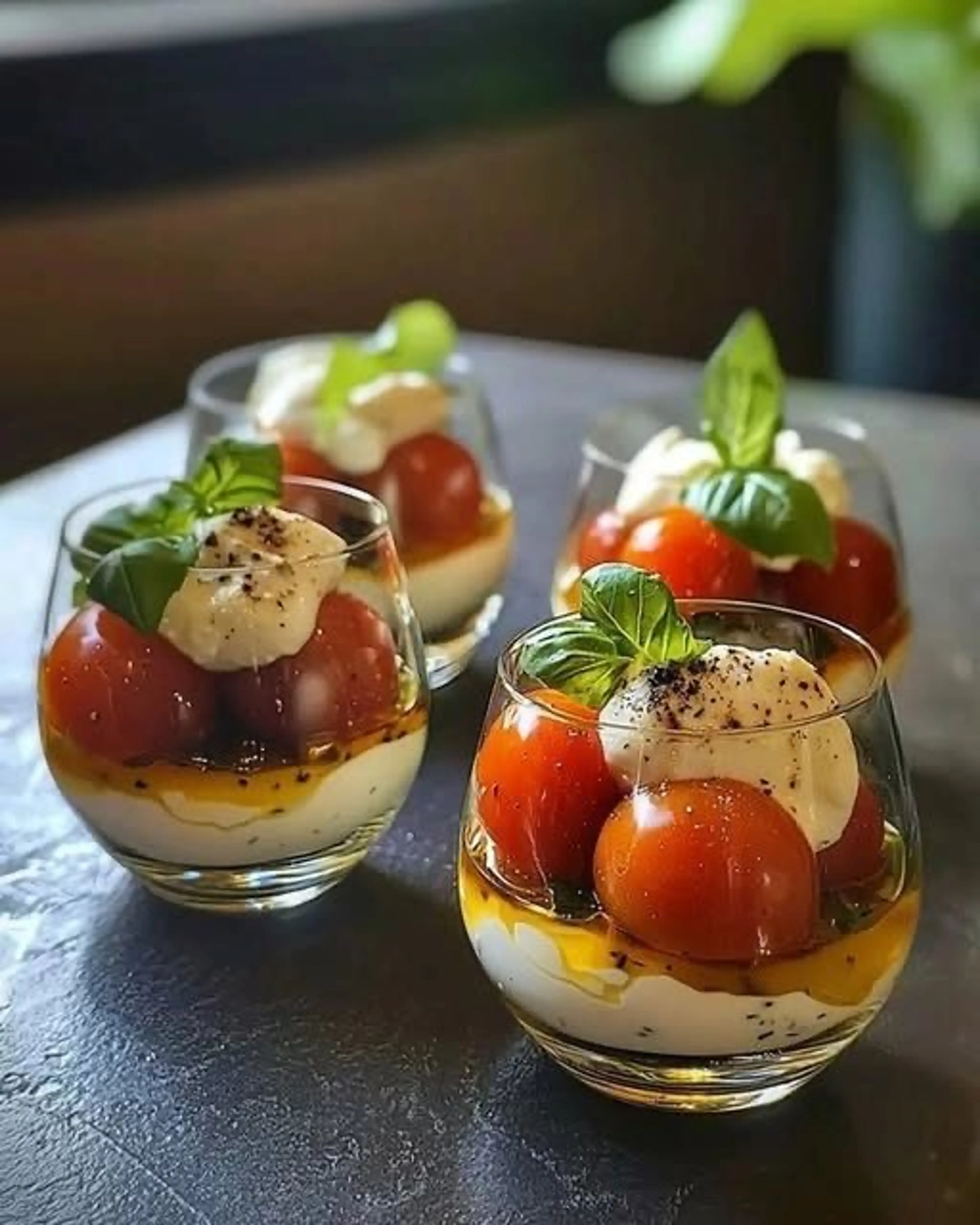 Verrines with Candied Cherry Tomatoes, Mozzarella Foam