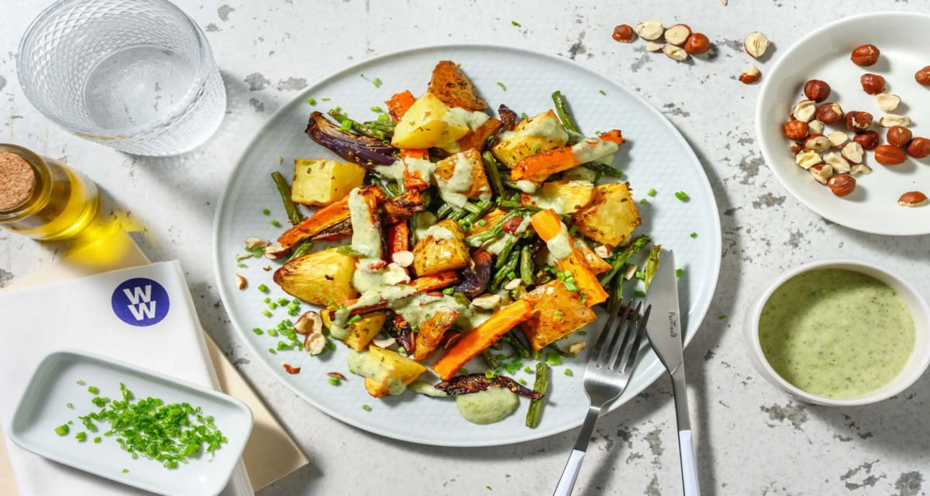 Herby Root Veg Traybake with Creamy Pesto Sauce