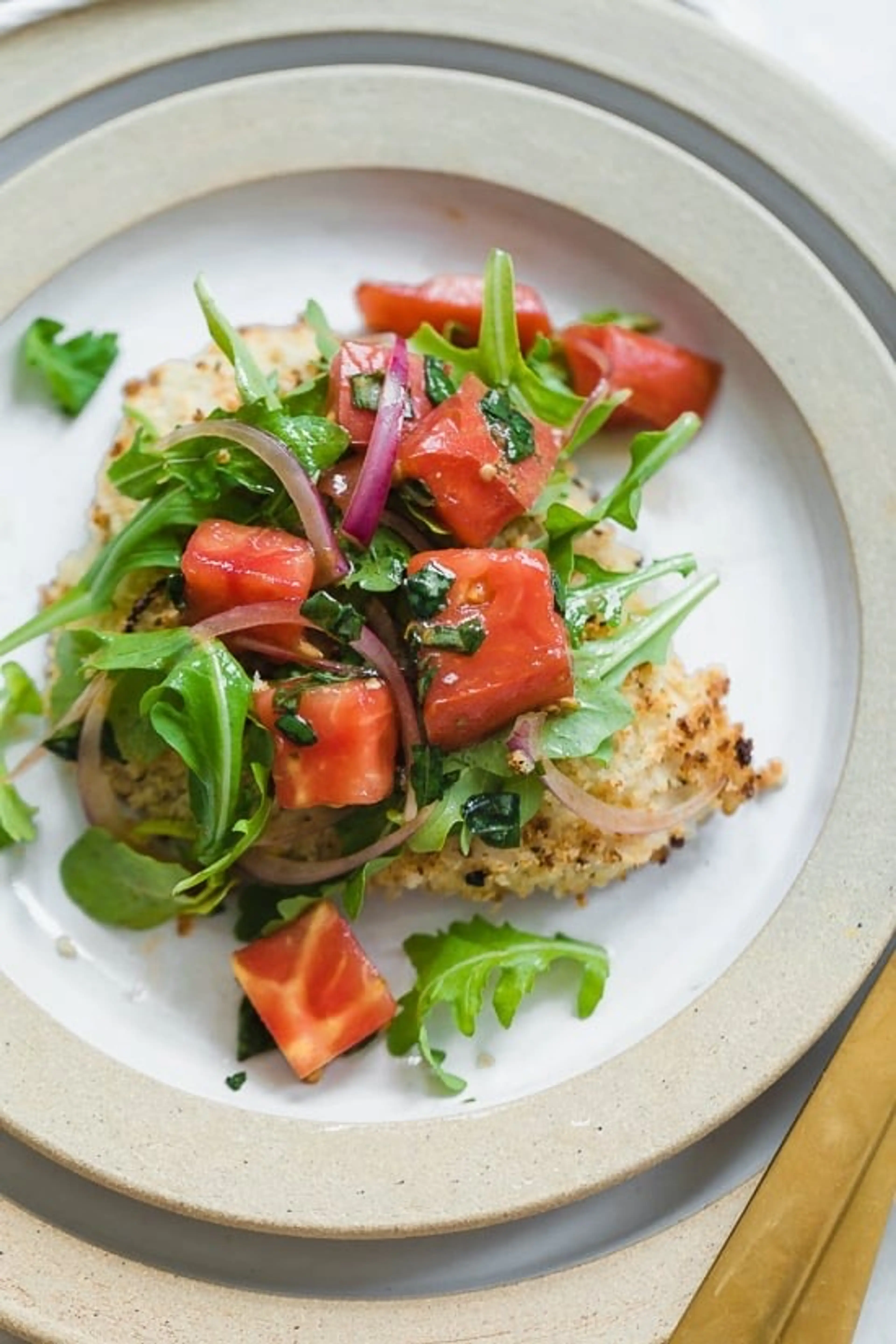 Baked Chicken Milanese with Arugula Salad and Tomatoes
