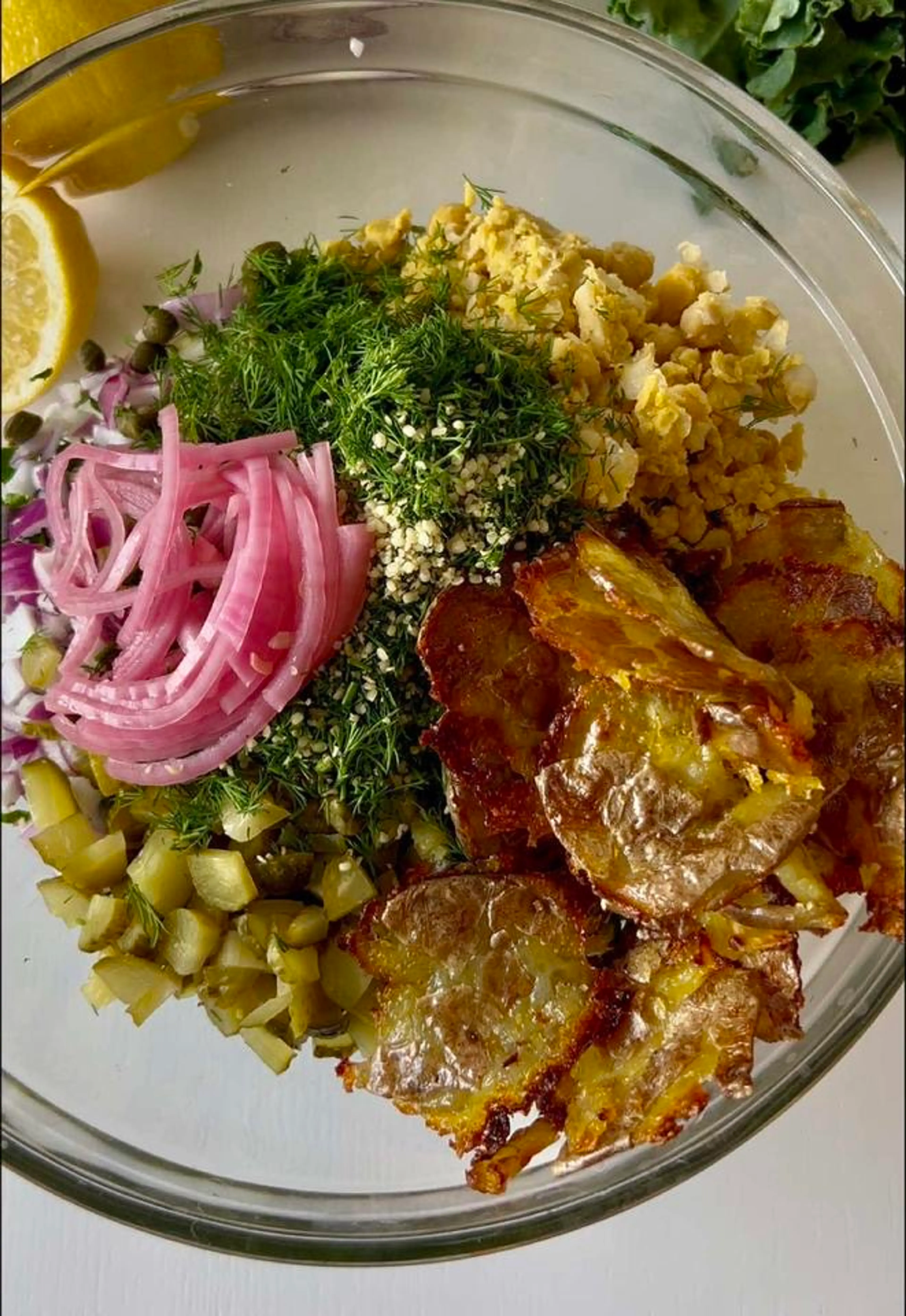 Crispy Smashed Potato Salad, with Added Chickpeas and Kale a
