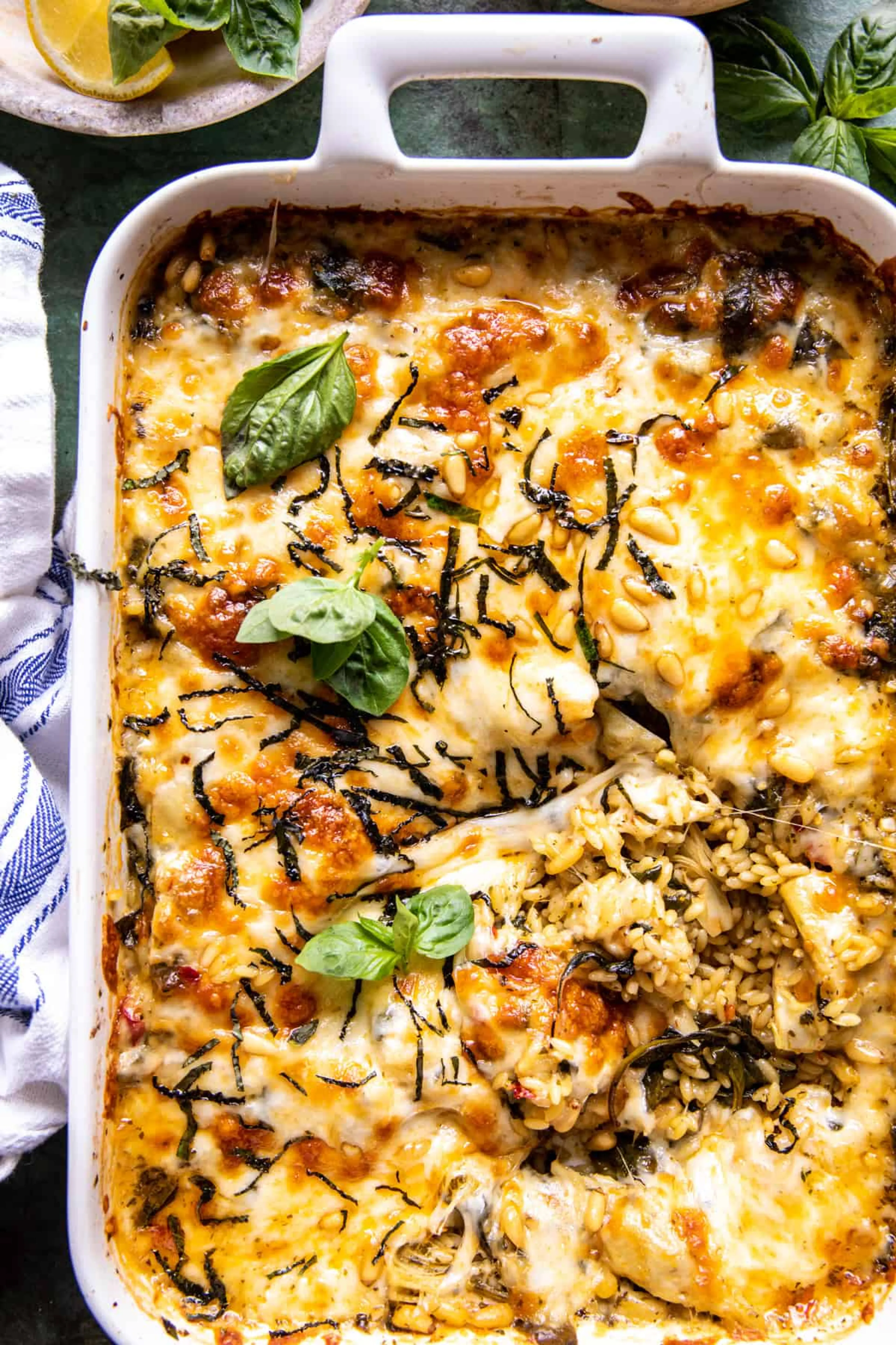 One Pan Spinach and Artichoke Orzo Bake