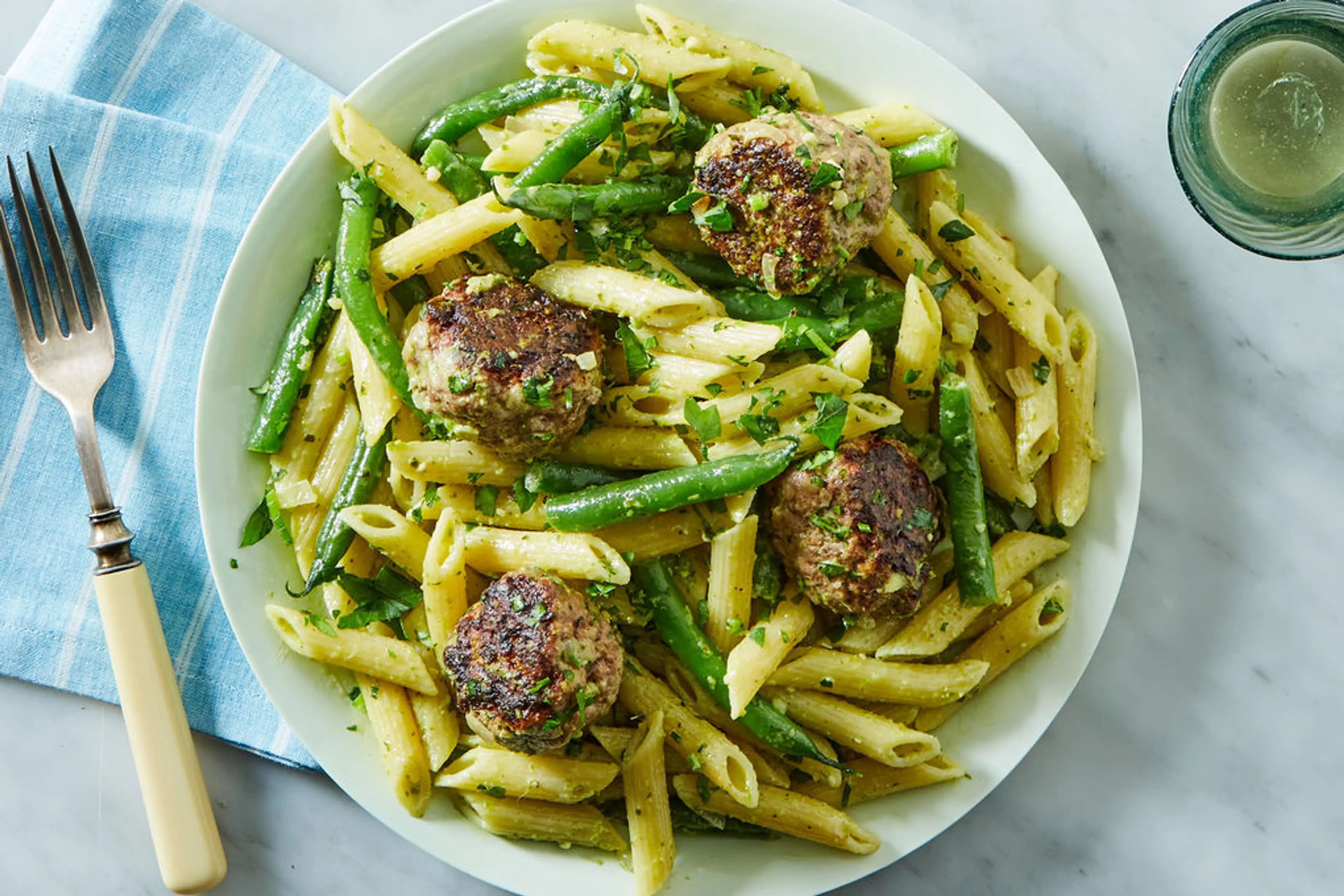 Beef-Ricotta Meatballs with Pesto Penne & Green Beans | Umami