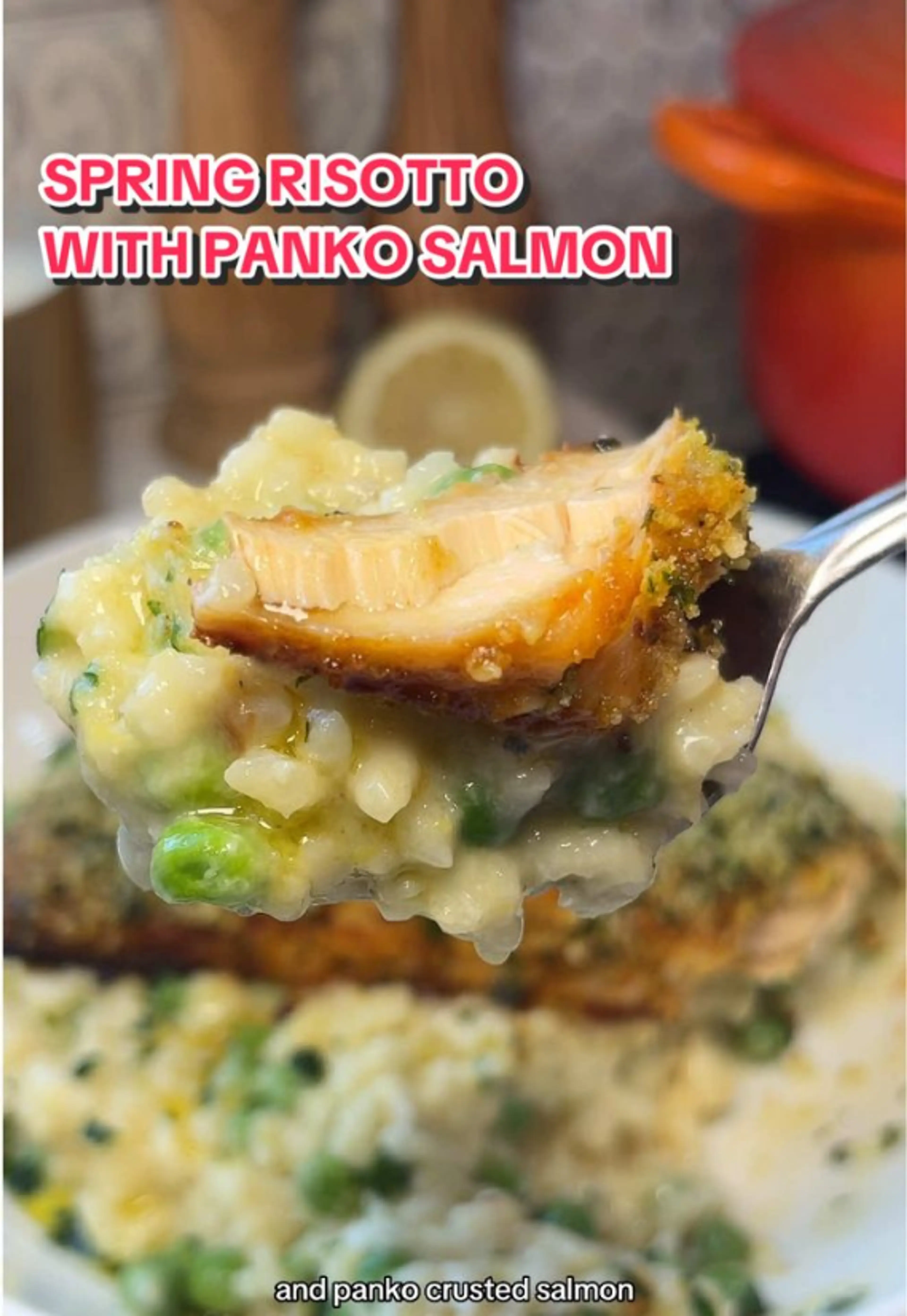 Spring Risotto with Panko Crusted Salmon