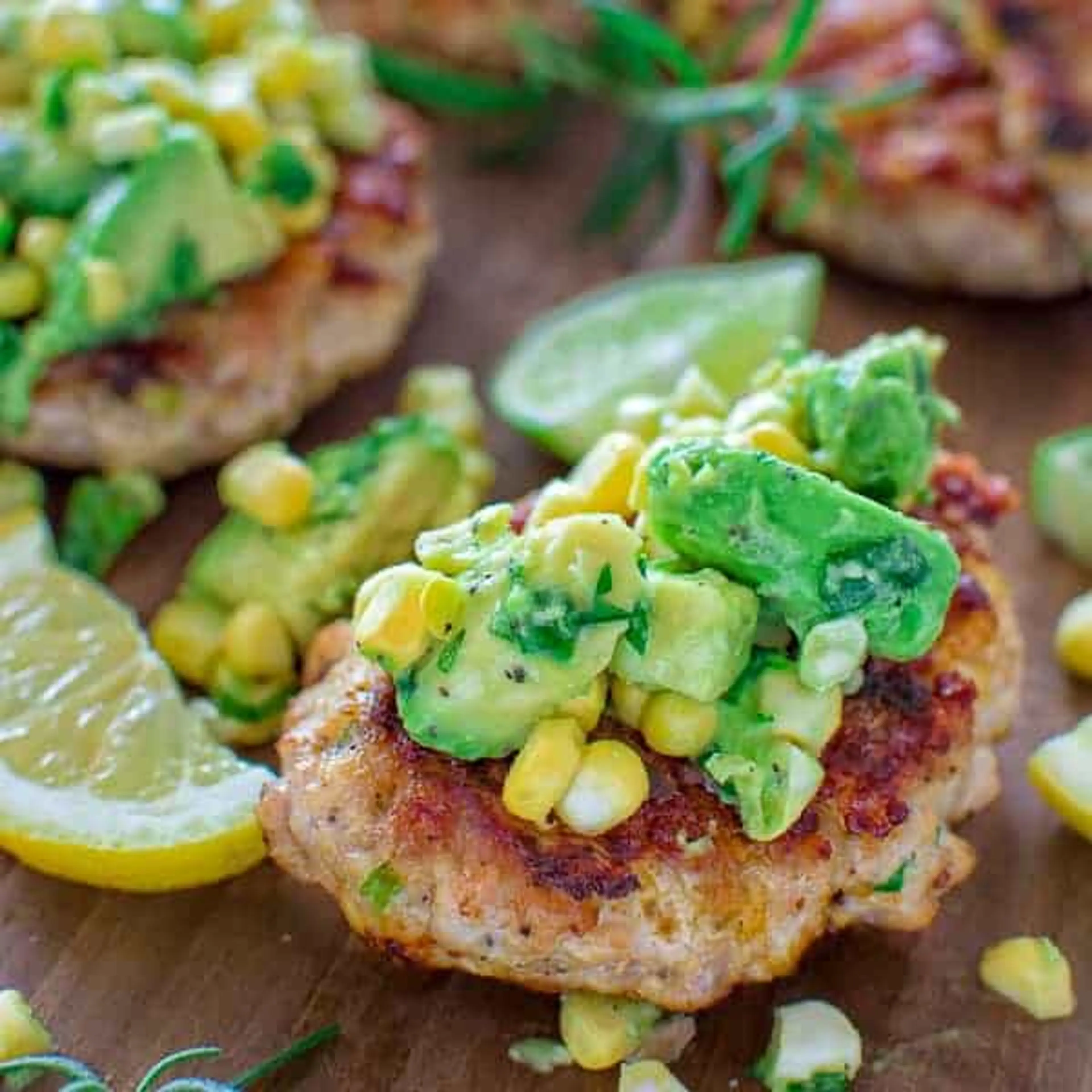 Chicken Burgers with Avocado Corn Salsa