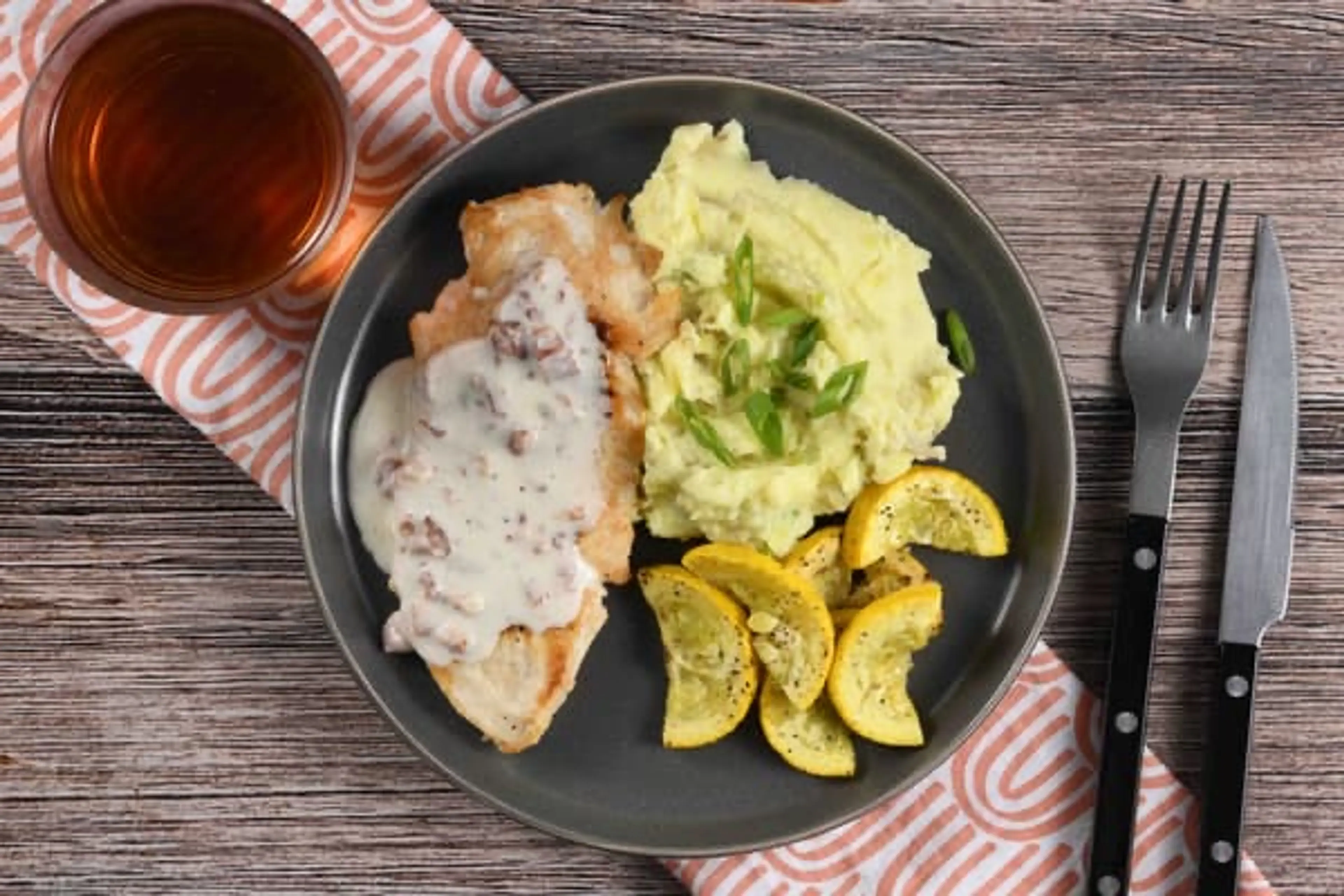 Chicken Cordon Bleu with mashed potatoes and yellow squash
