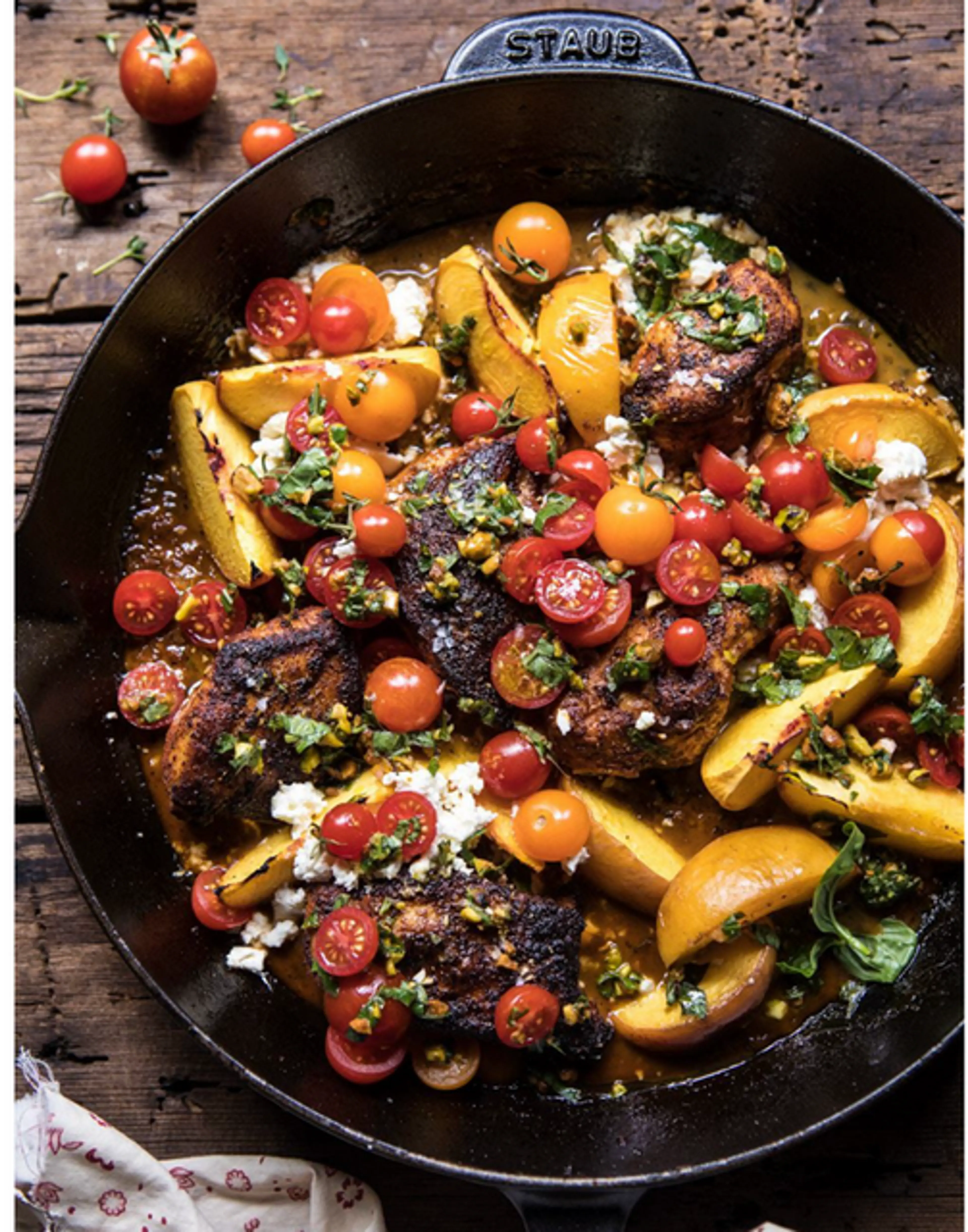 Skillet Moroccan Chicken with Tomatoes, Peaches, Feta
