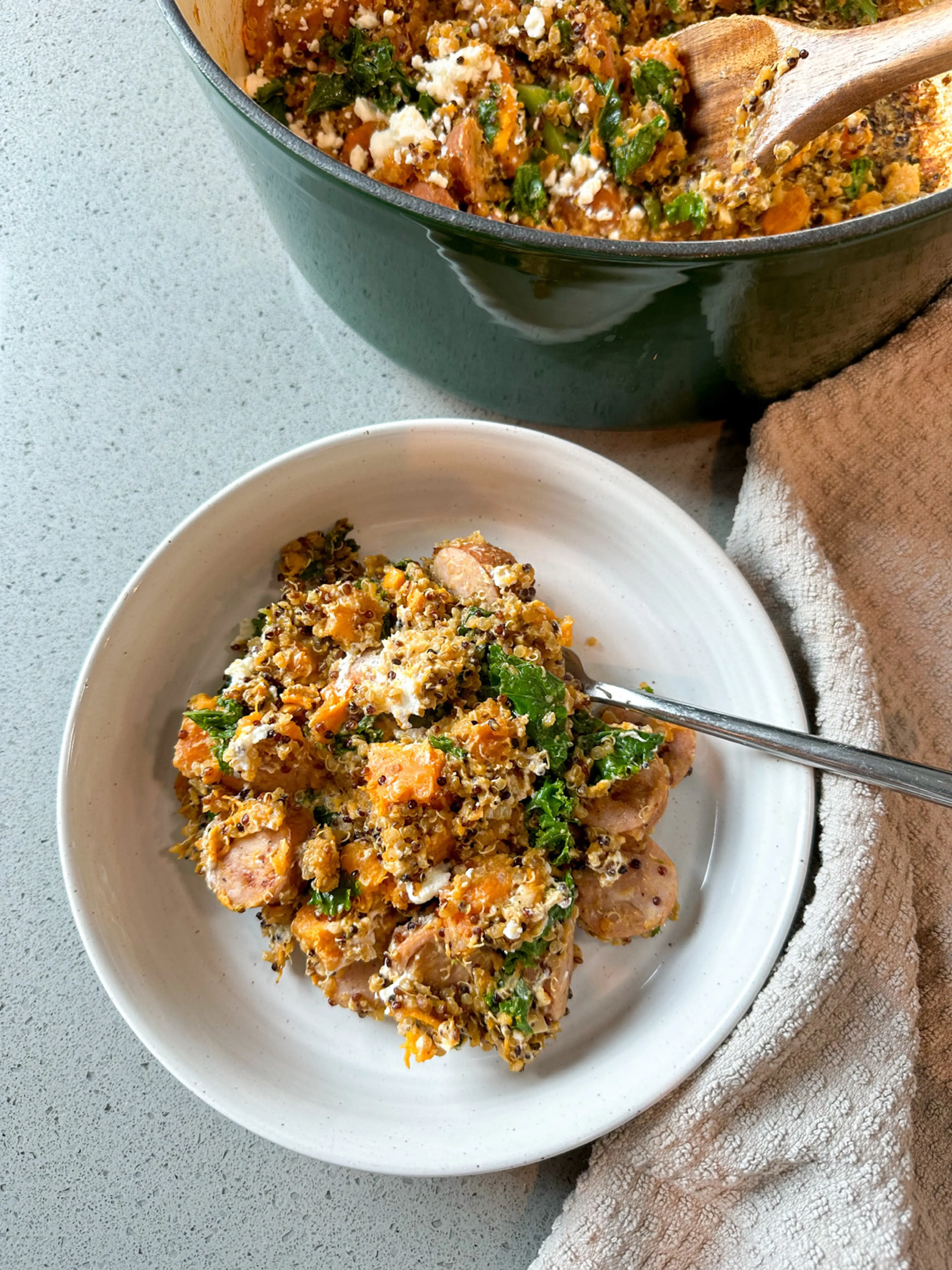 One-Pot Quinoa with Sweet Potato, Kale, and Chicken Sausage