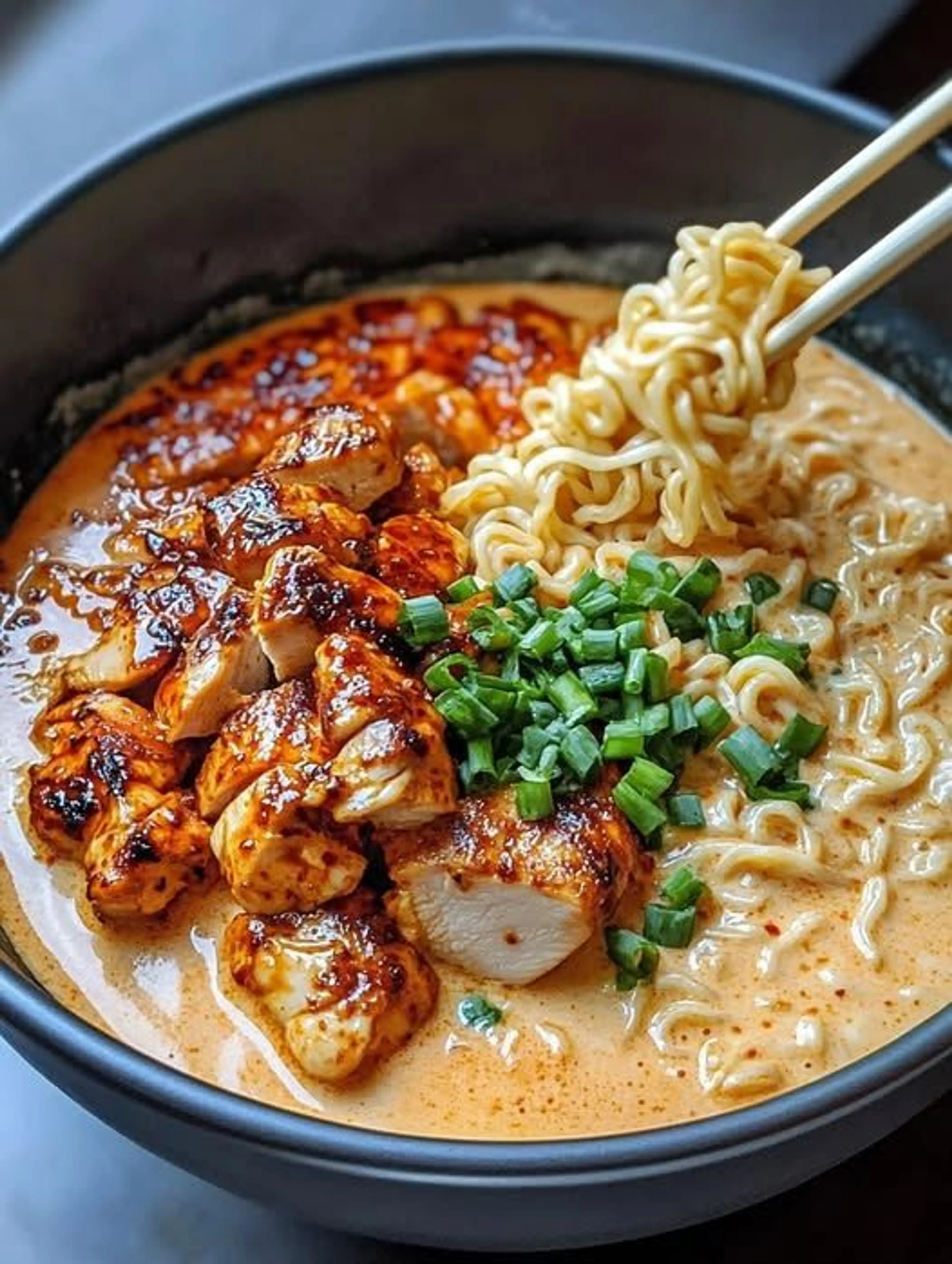 Fiery Chicken Ramen with Creamy Garlic Sauce