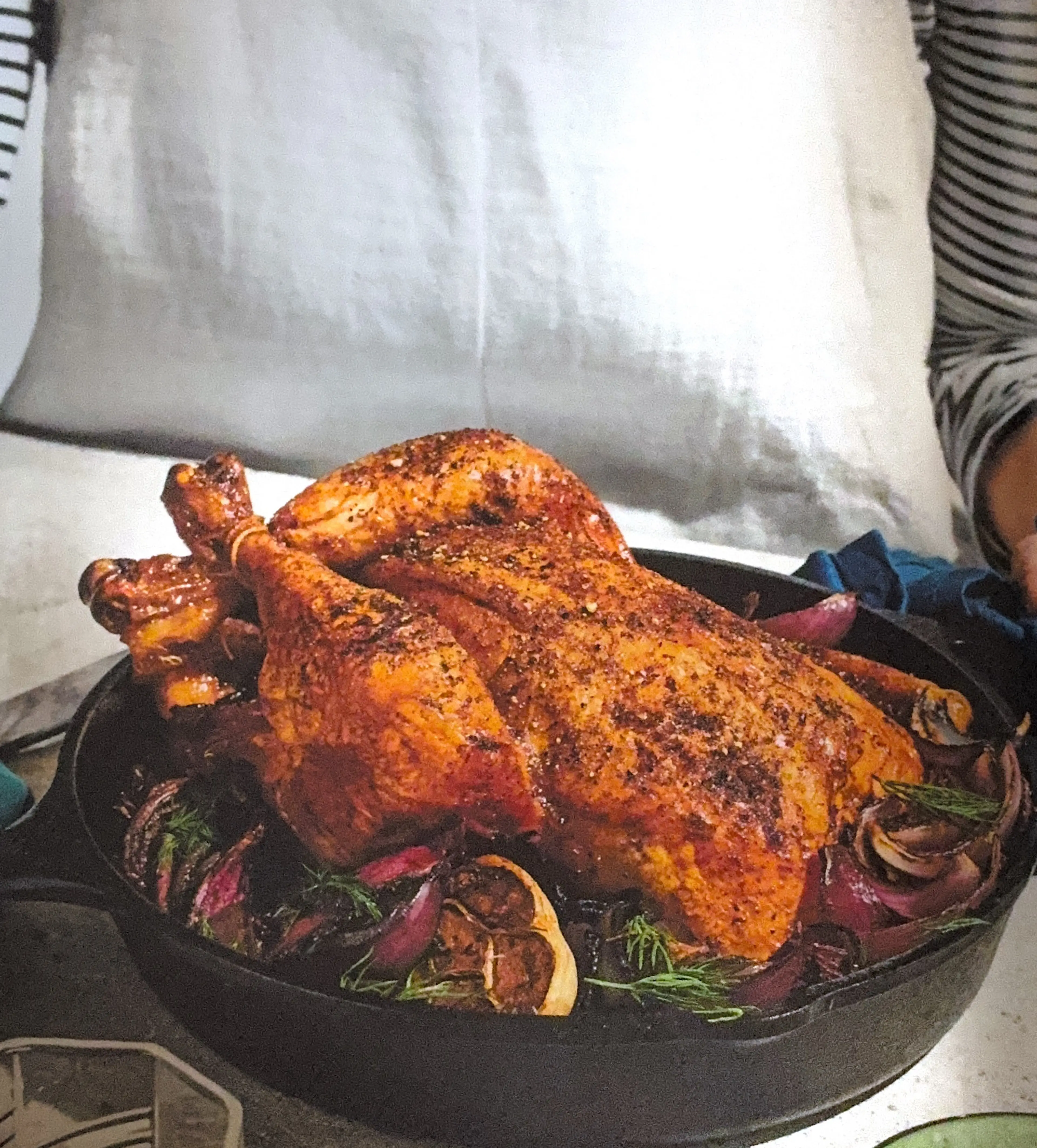 Pastrami Roast Chicken with Schmaltzy Onions and Dill