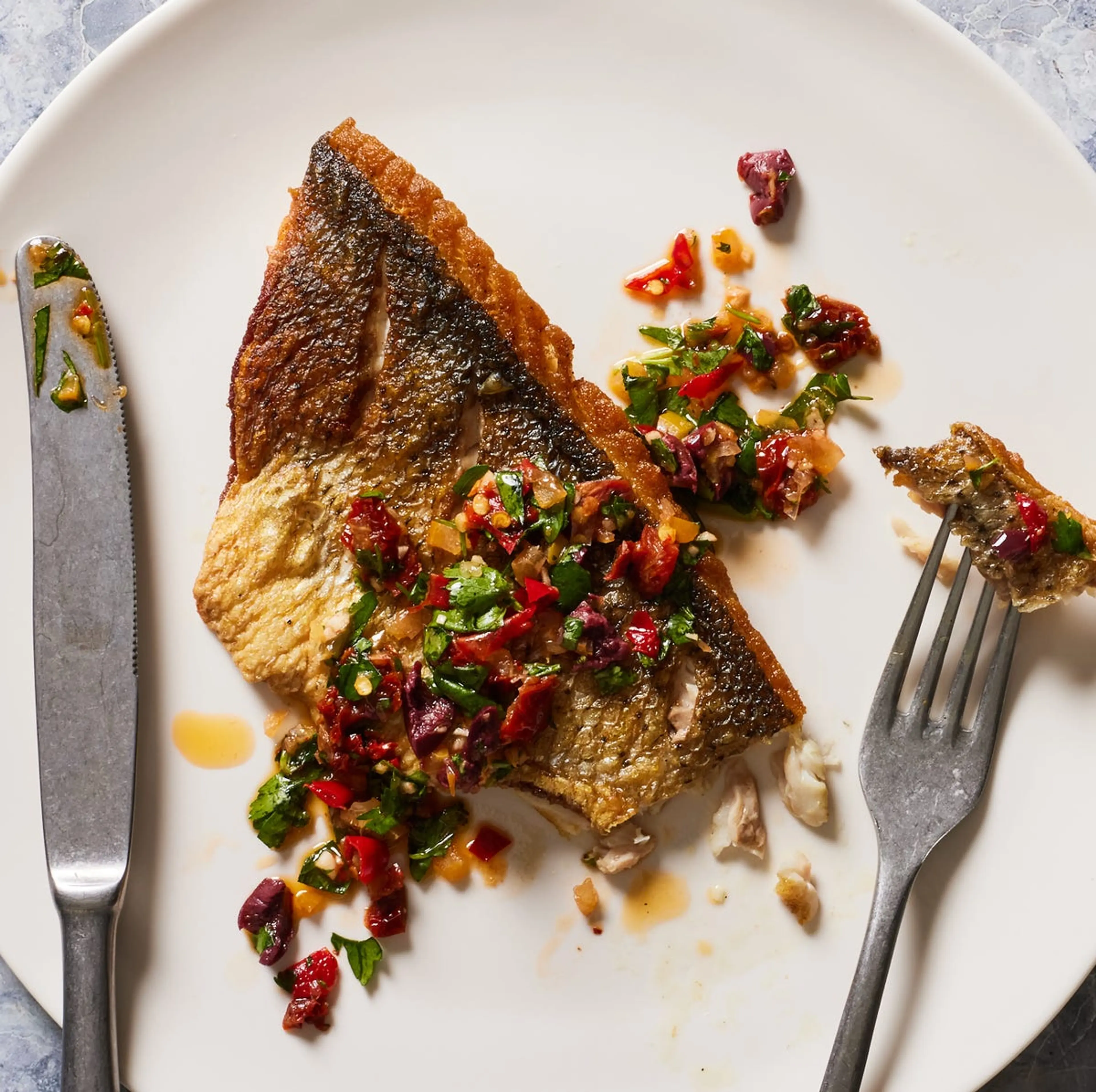 Striped Bass with Herb-Olive Salsa