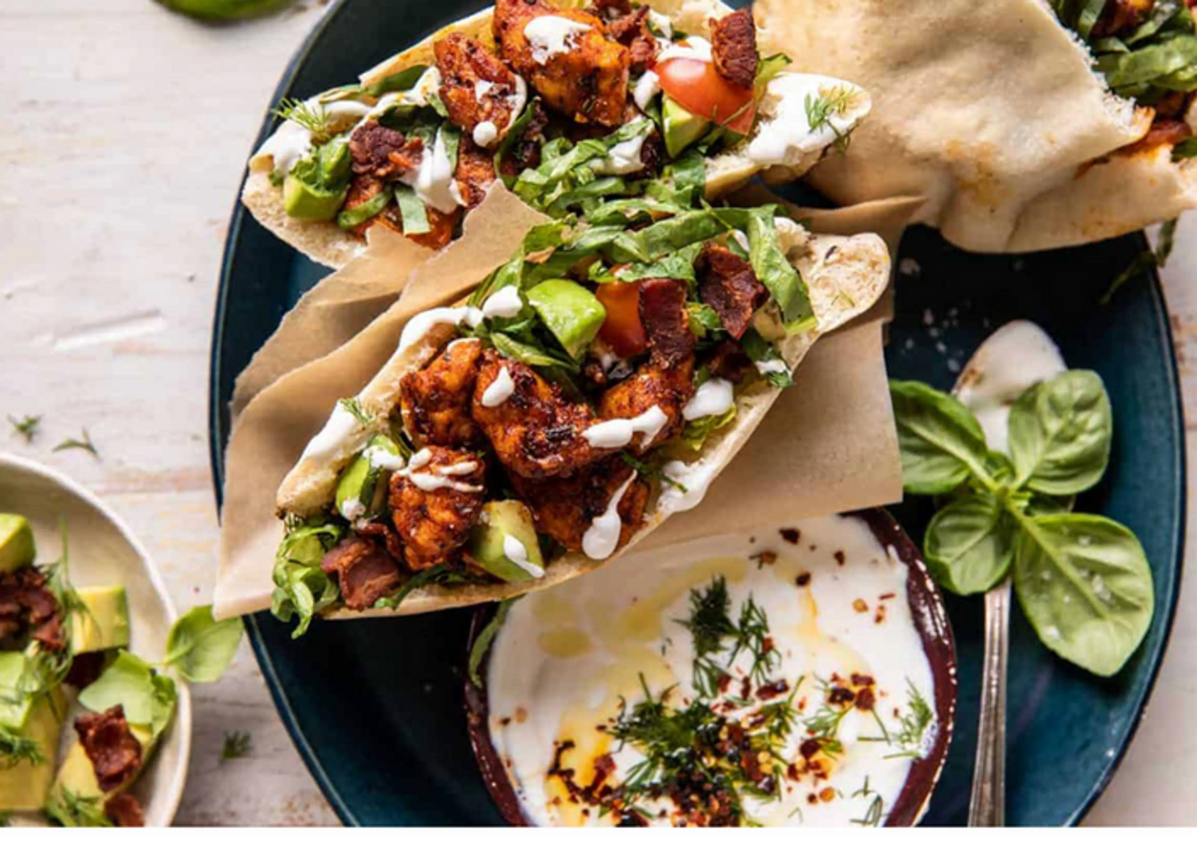 Rosemary Chicken and Avocado Pitas w Honey Feta Sauce
