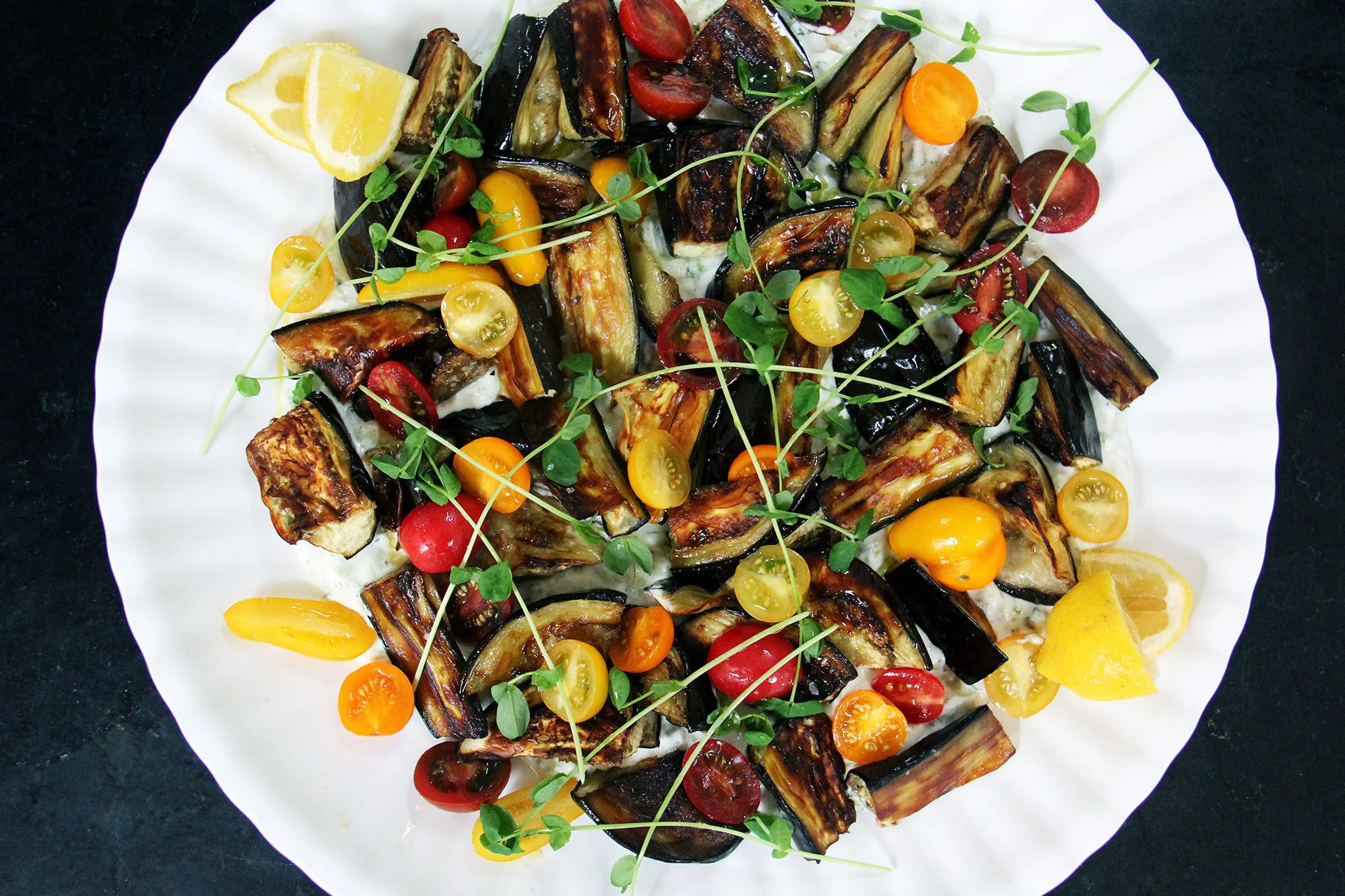 Roasted Eggplant Salad with Cucumber-Yogurt Sauce & Tomatoes