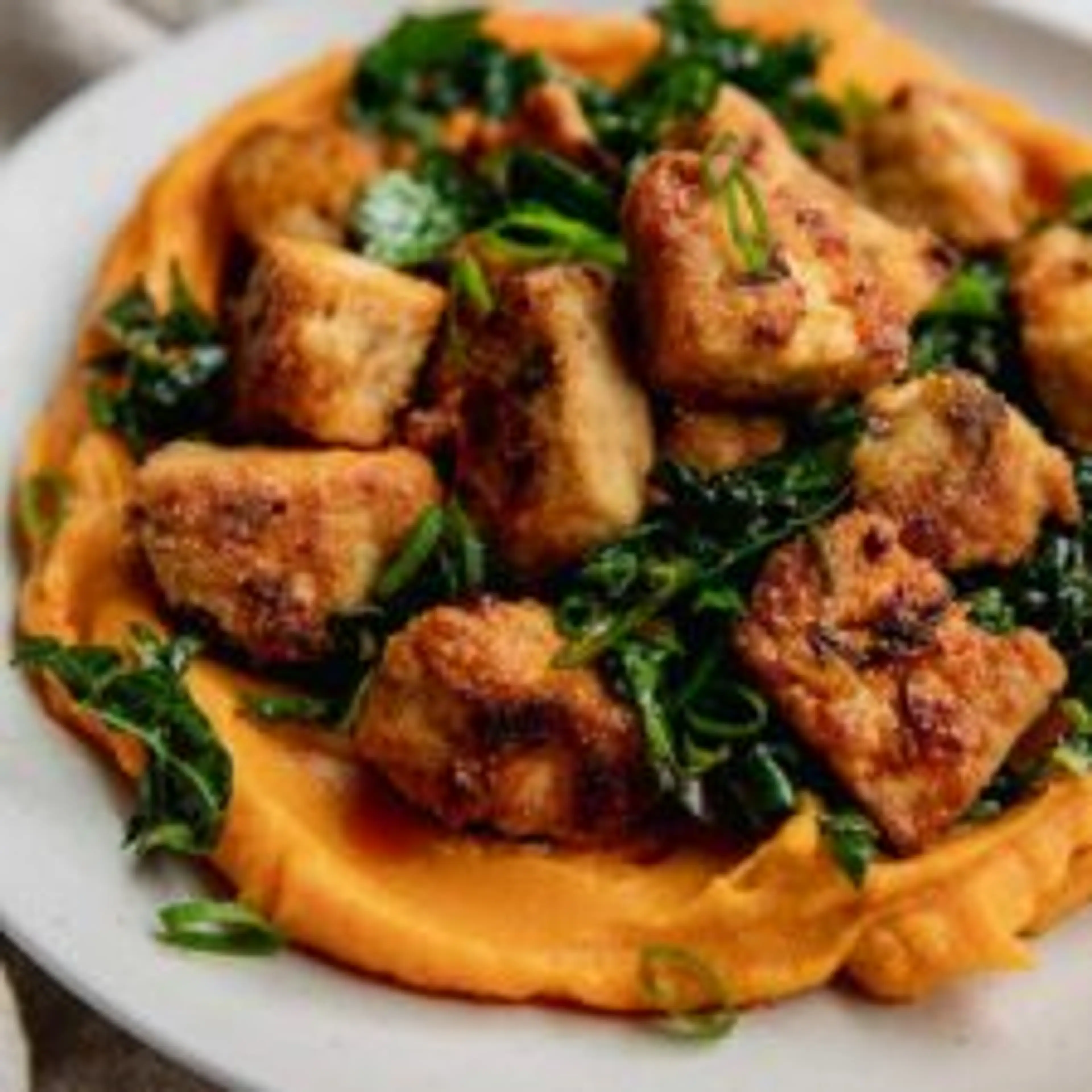 Maple Miso Whipped Sweet Potatoes with Cornmeal Crusted Tofu