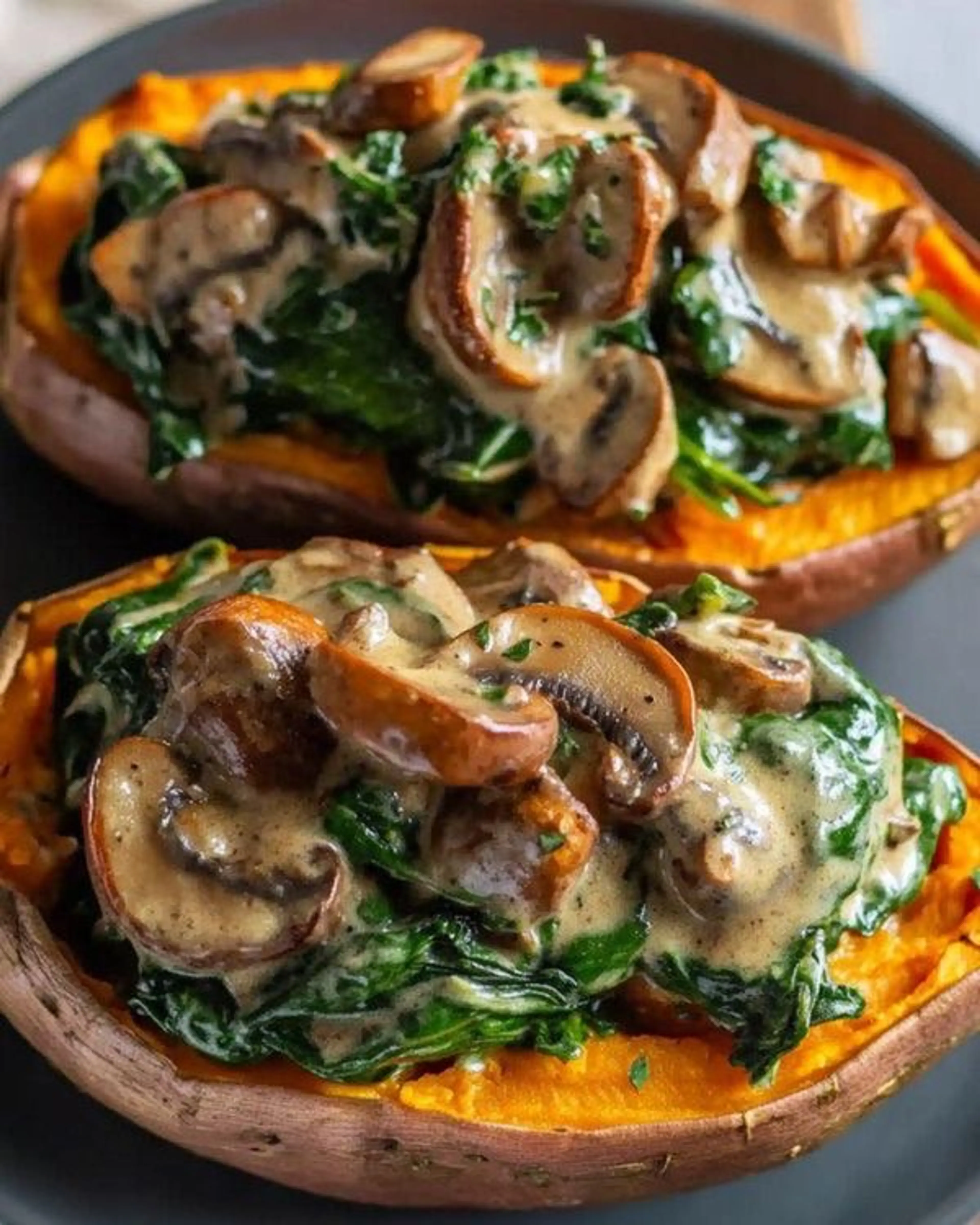 Creamy Mushroom and Spinach Stuffed Sweet Potatoes