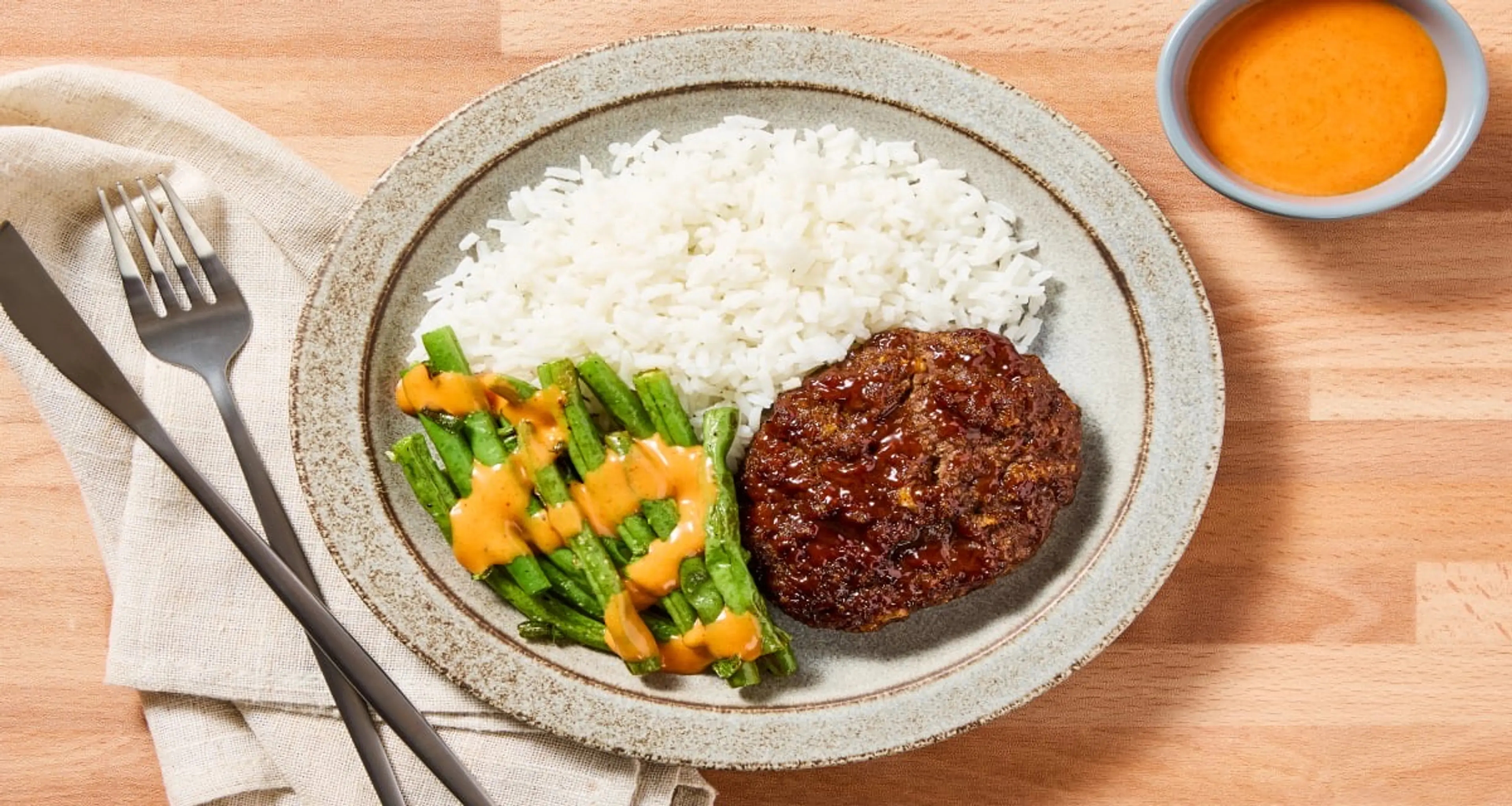 Soy-Glazed Hoisin Meatloaves with Scallion Green Beans, Rice