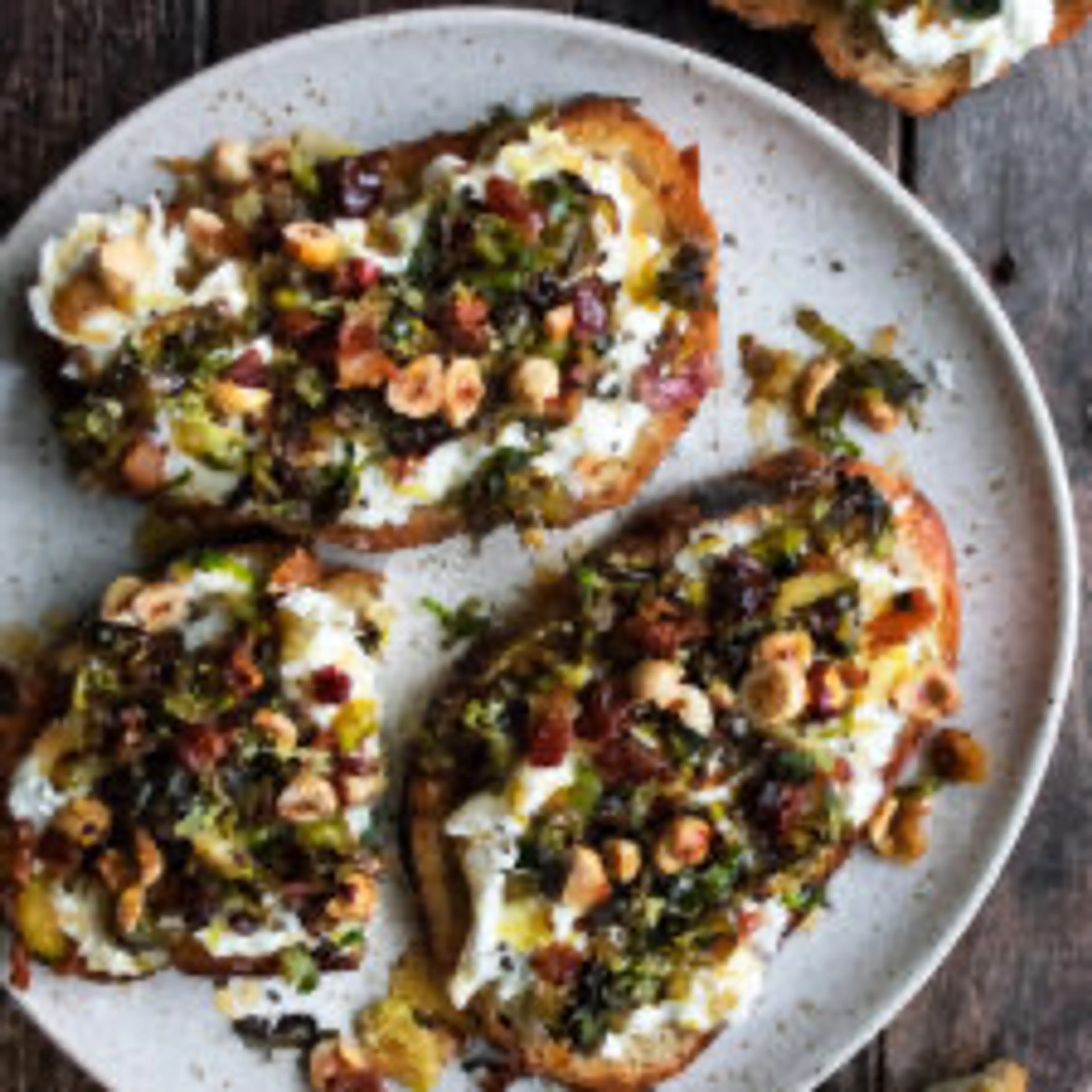 Caramelized Brussels Sprout Toast with Burrata & Bacon