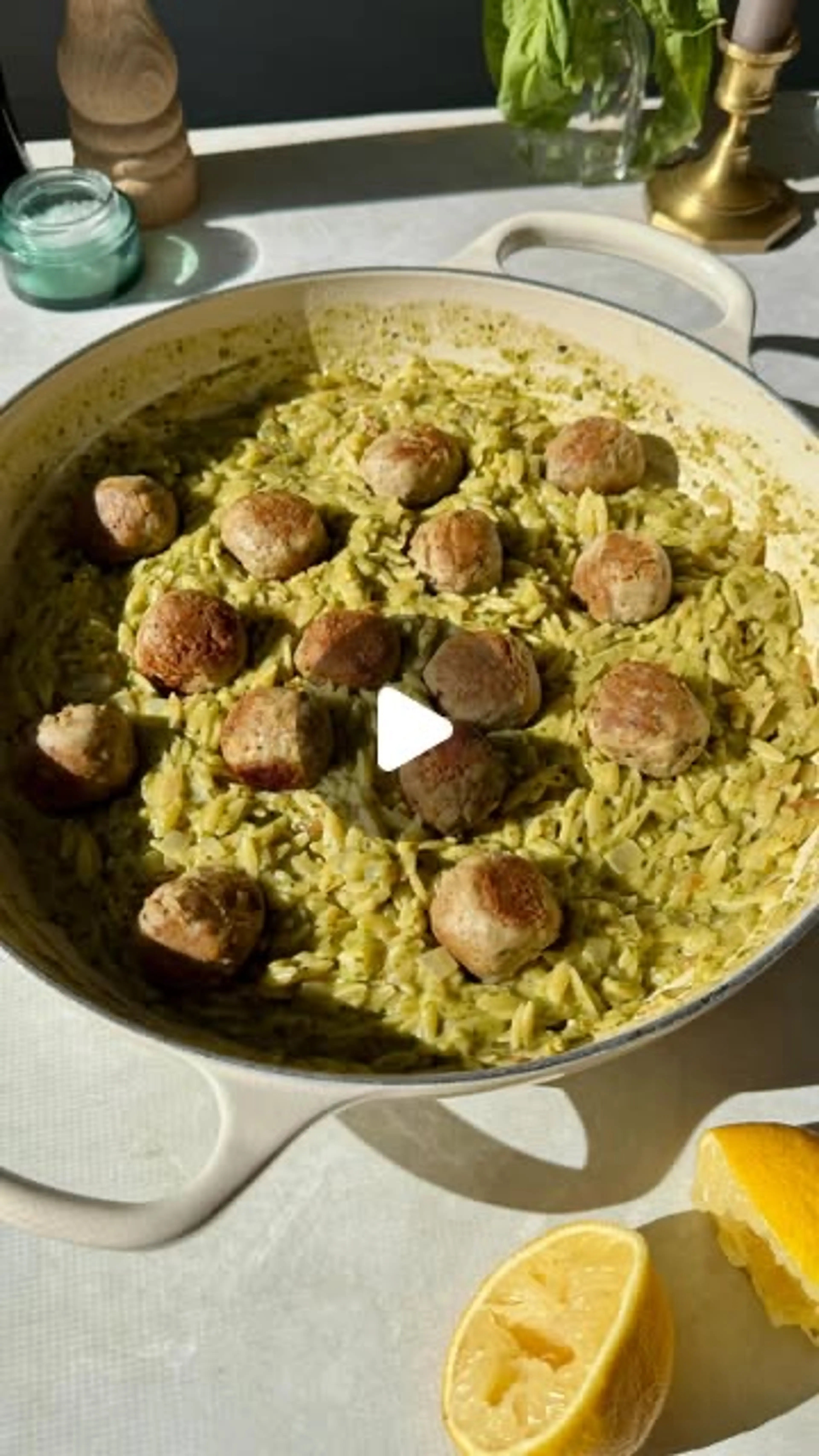 Creamy Pesto Orzo With Chicken Meatballs