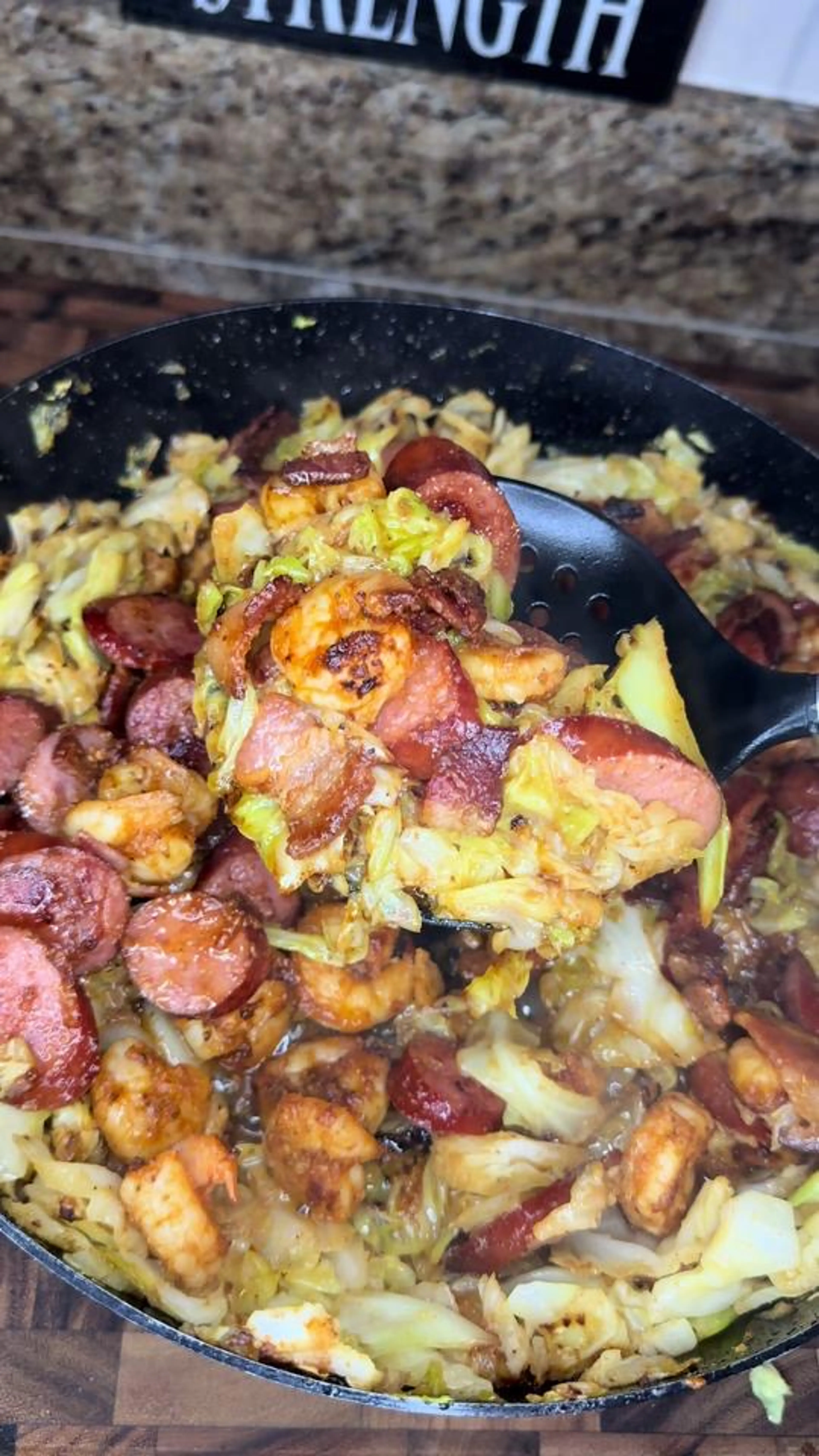 Fried Cabbage with Shrimp, Sausage & Bacon