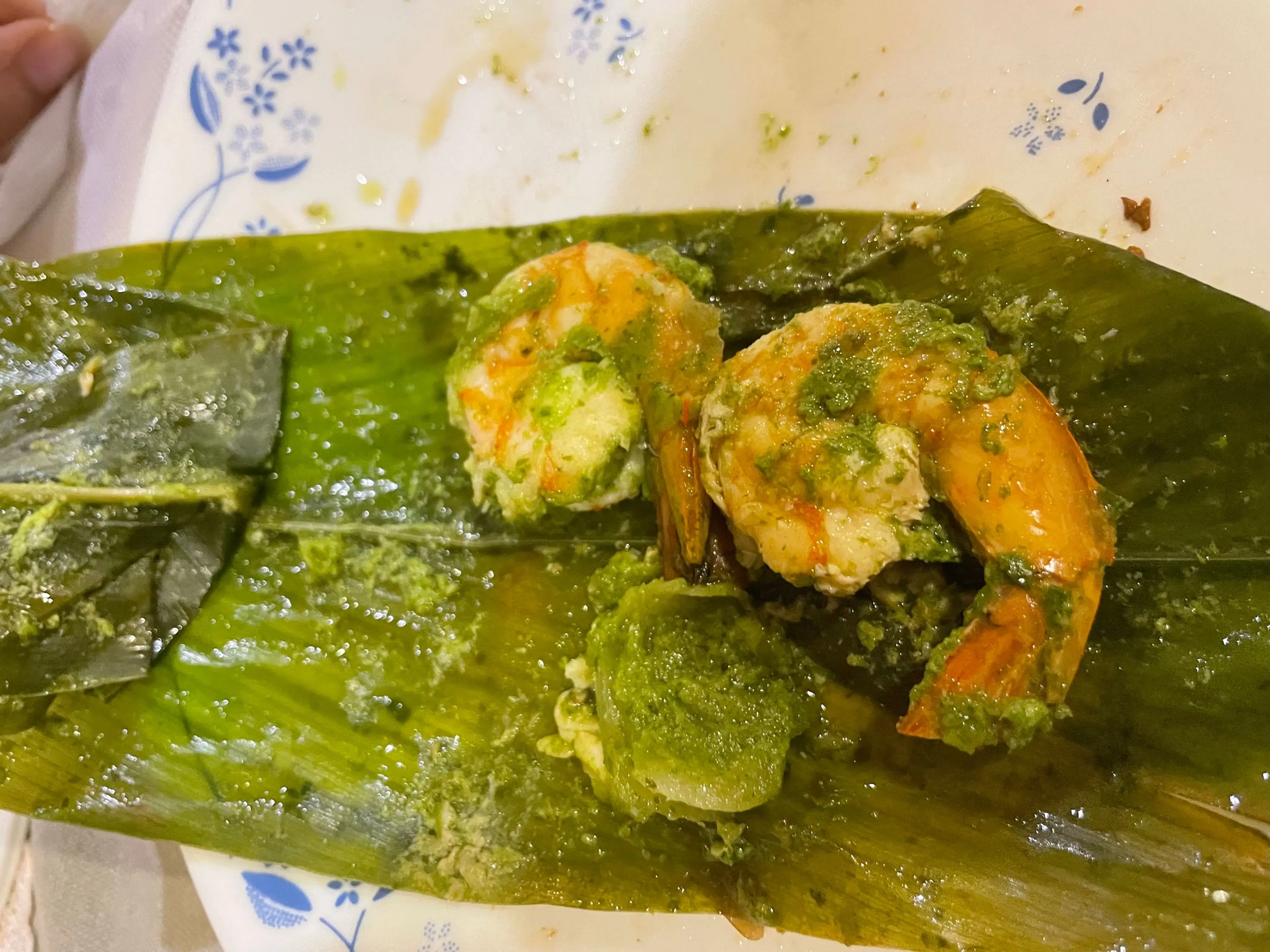 Green Masala Prawns in Tumeric Leaves