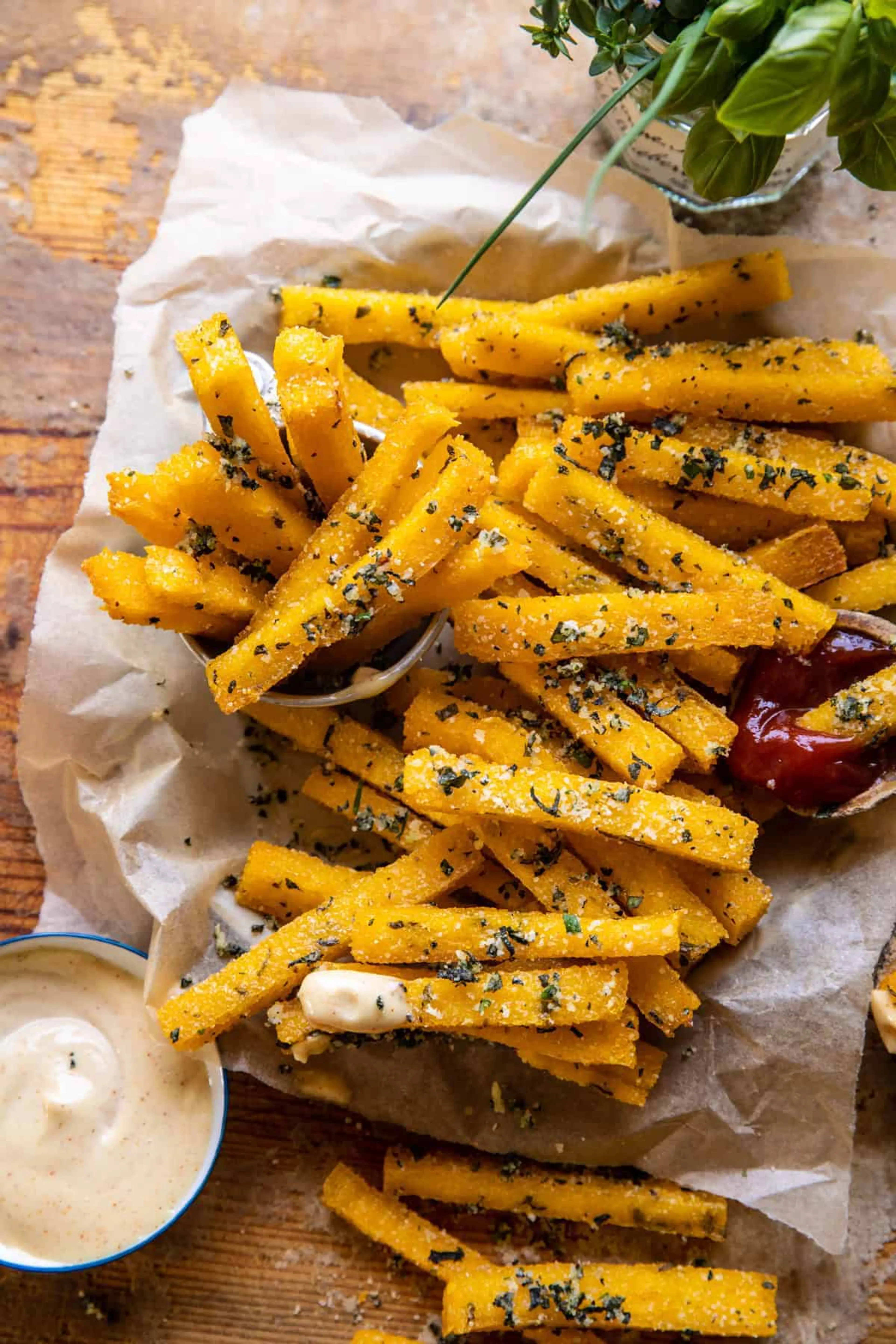 Garlic Parmesan Herb Butter Polenta Fries with Lemon Aioli