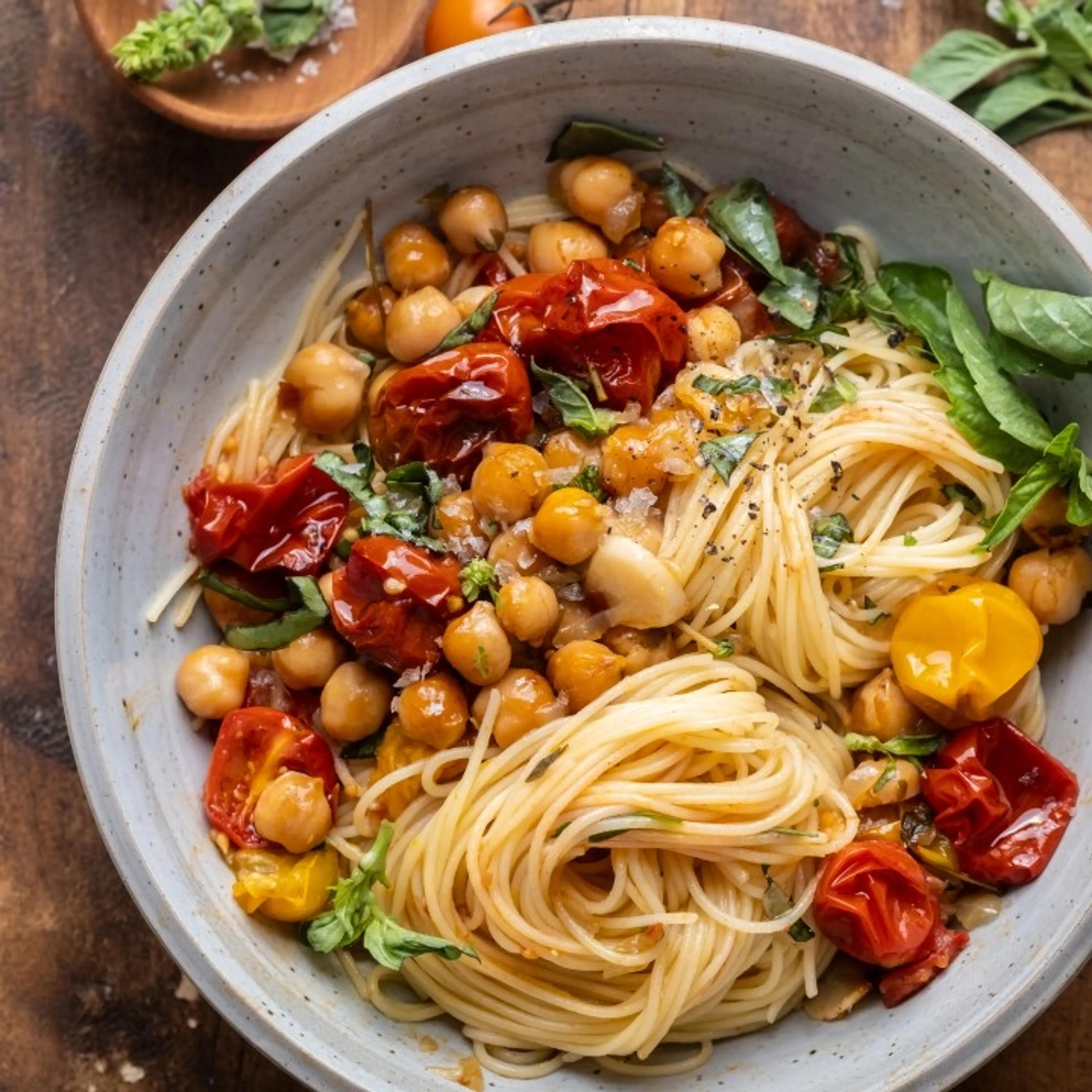 Slow Roasted Chickpea and Tomato Pasta