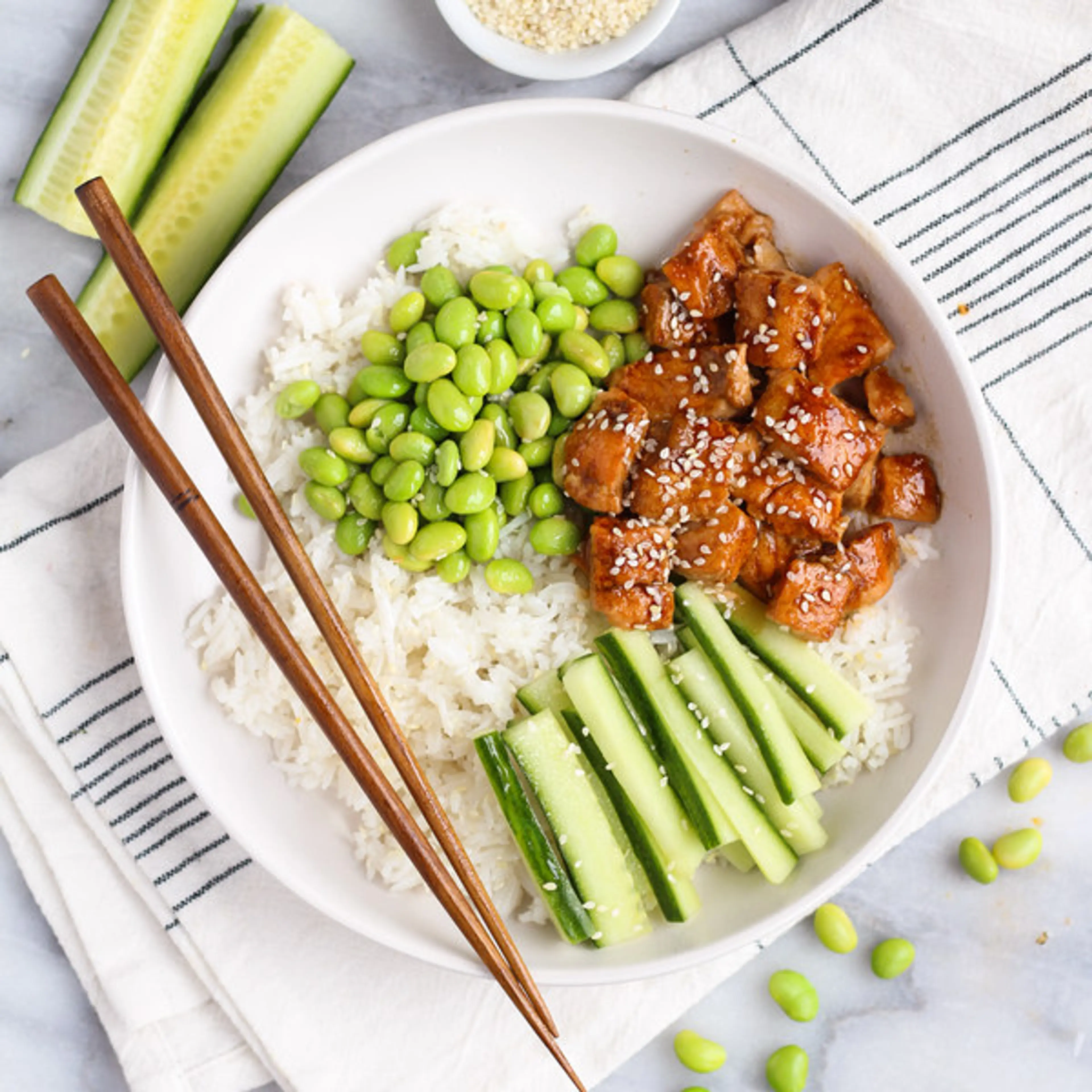 Maple-Teriyaki Salmon Sushi Bowls with Cucumber & Edamame