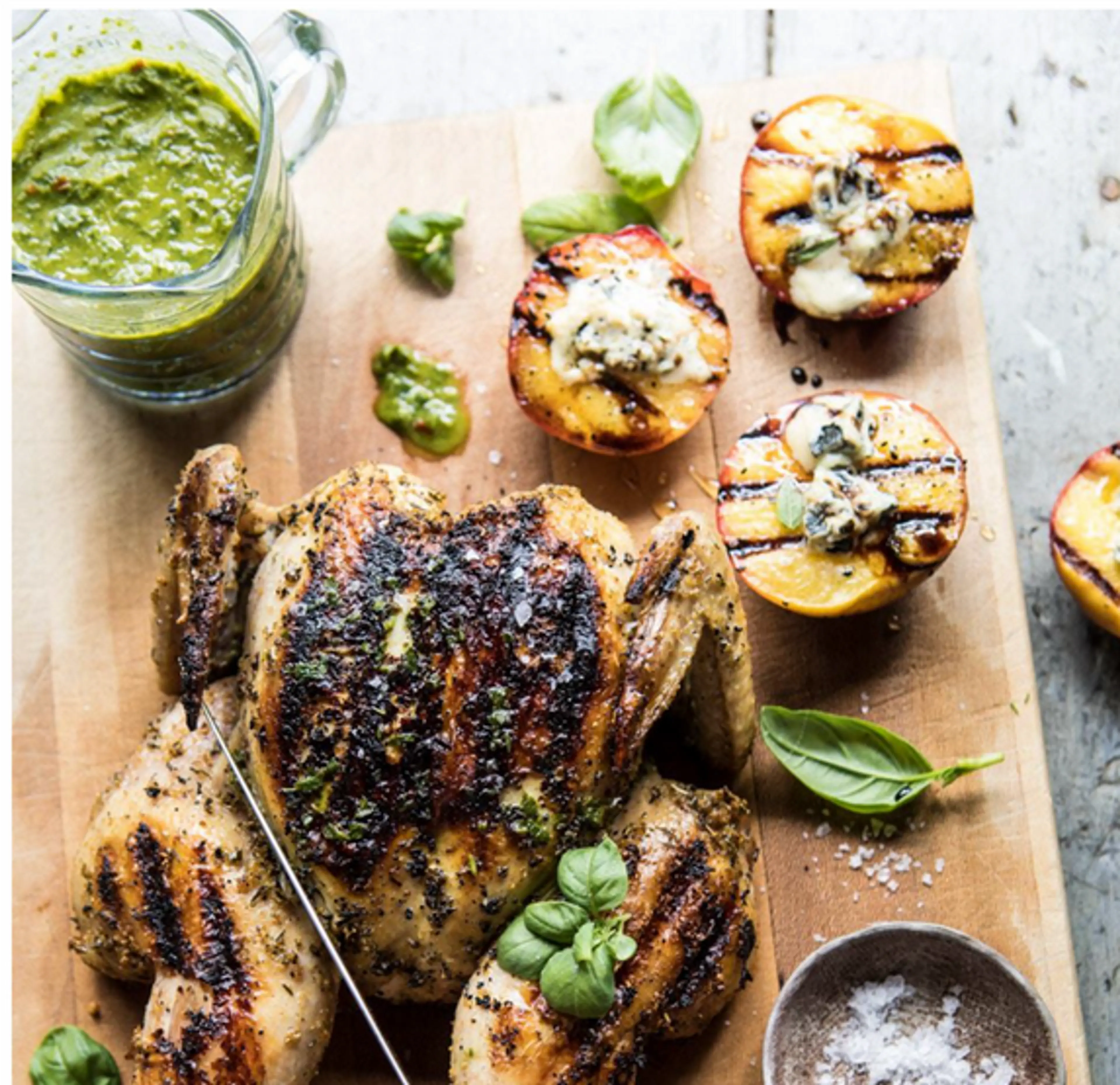 Whole Grilled Chicken w Peaches and Basil Vinaigrette