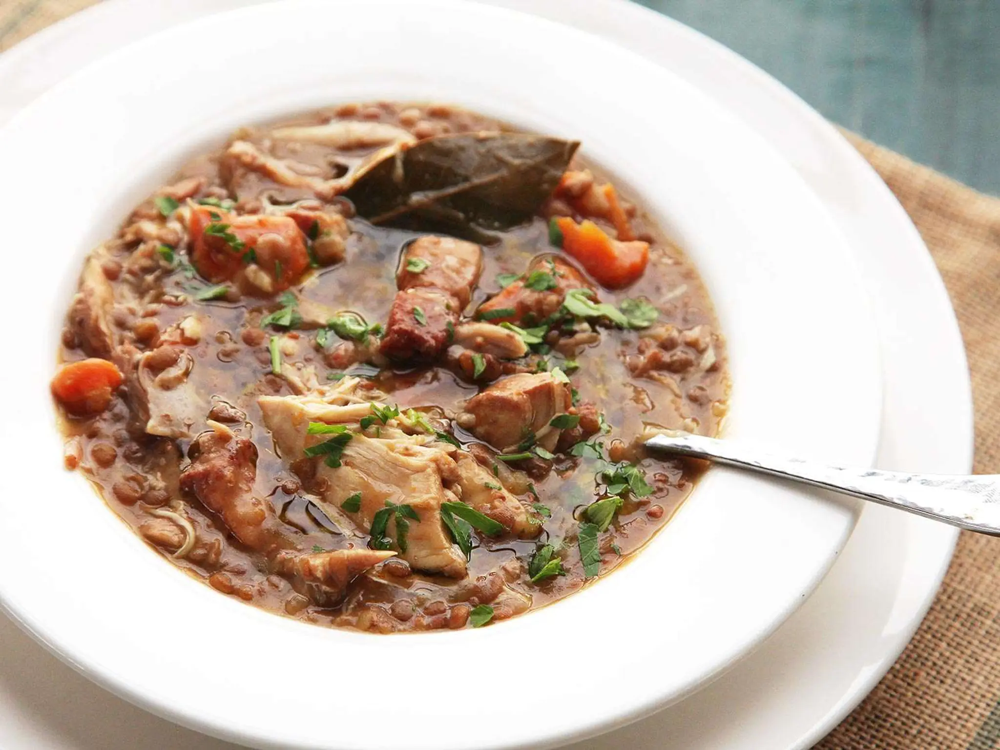 Pressure Cooker Chicken, Lentil, and Bacon Stew