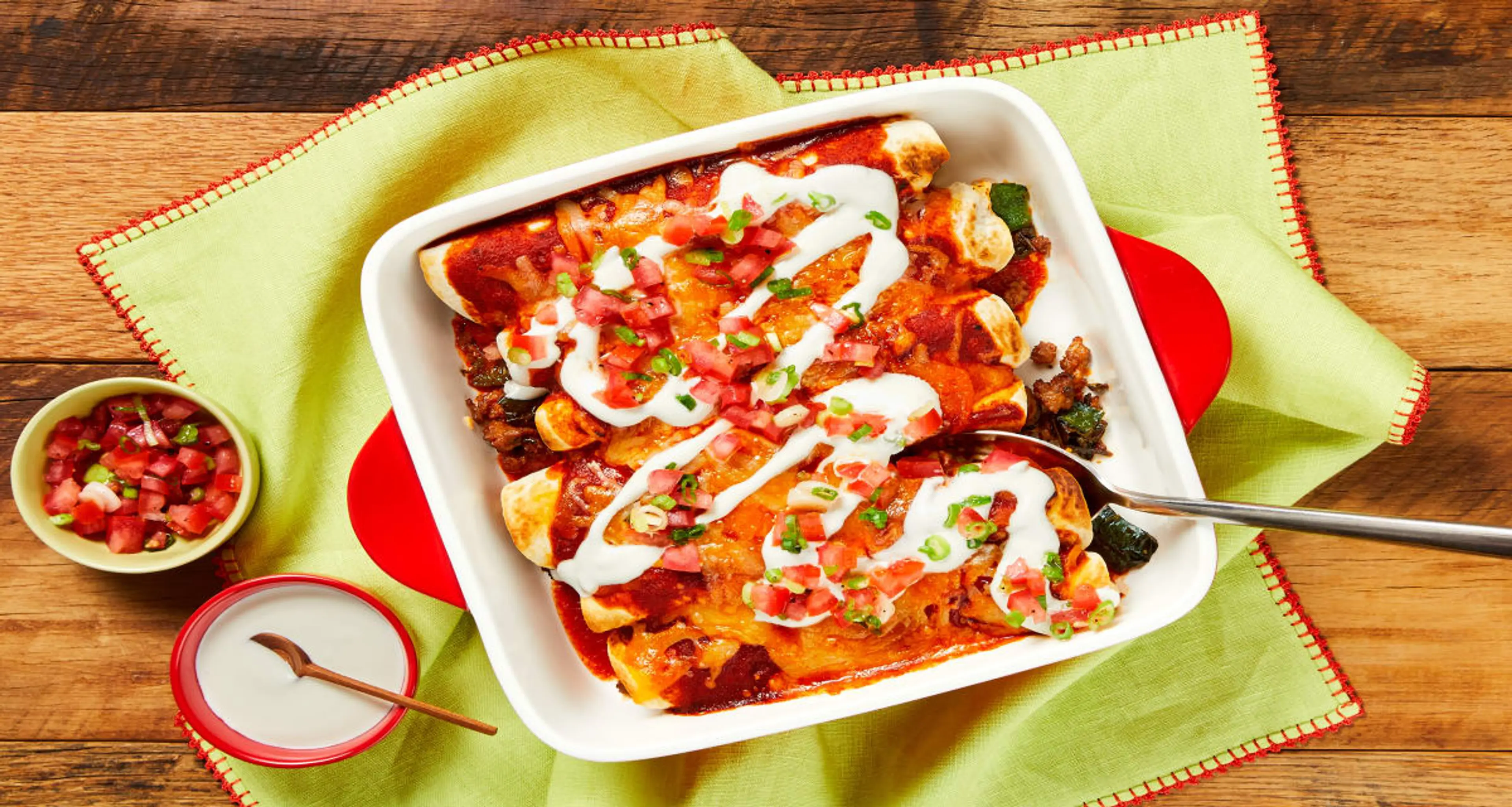 Pork & Pepper Enchiladas with Pico de Gallo & Lime Crema