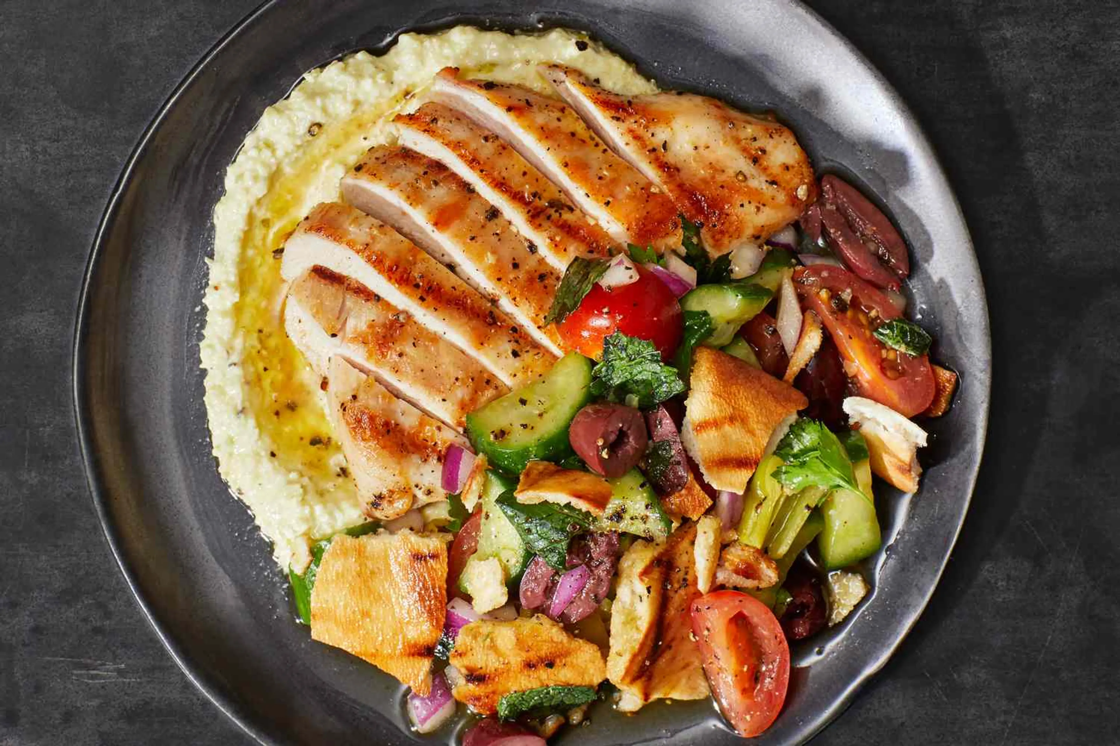 Grilled Chicken with Banana Pepper Dip and Fattoush | Mediterranean ...
