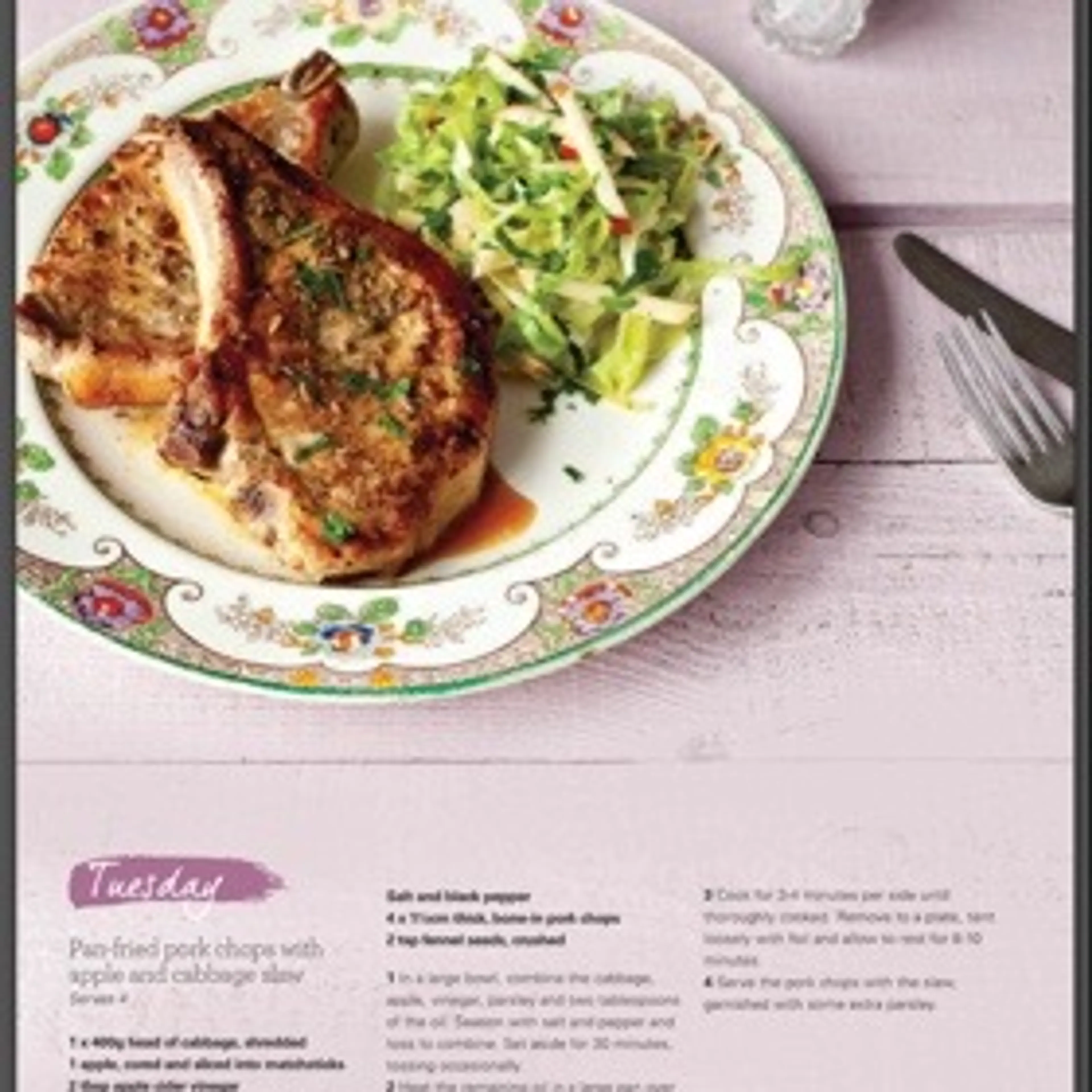Pan-fried pork chops with apple and cabbage slaw