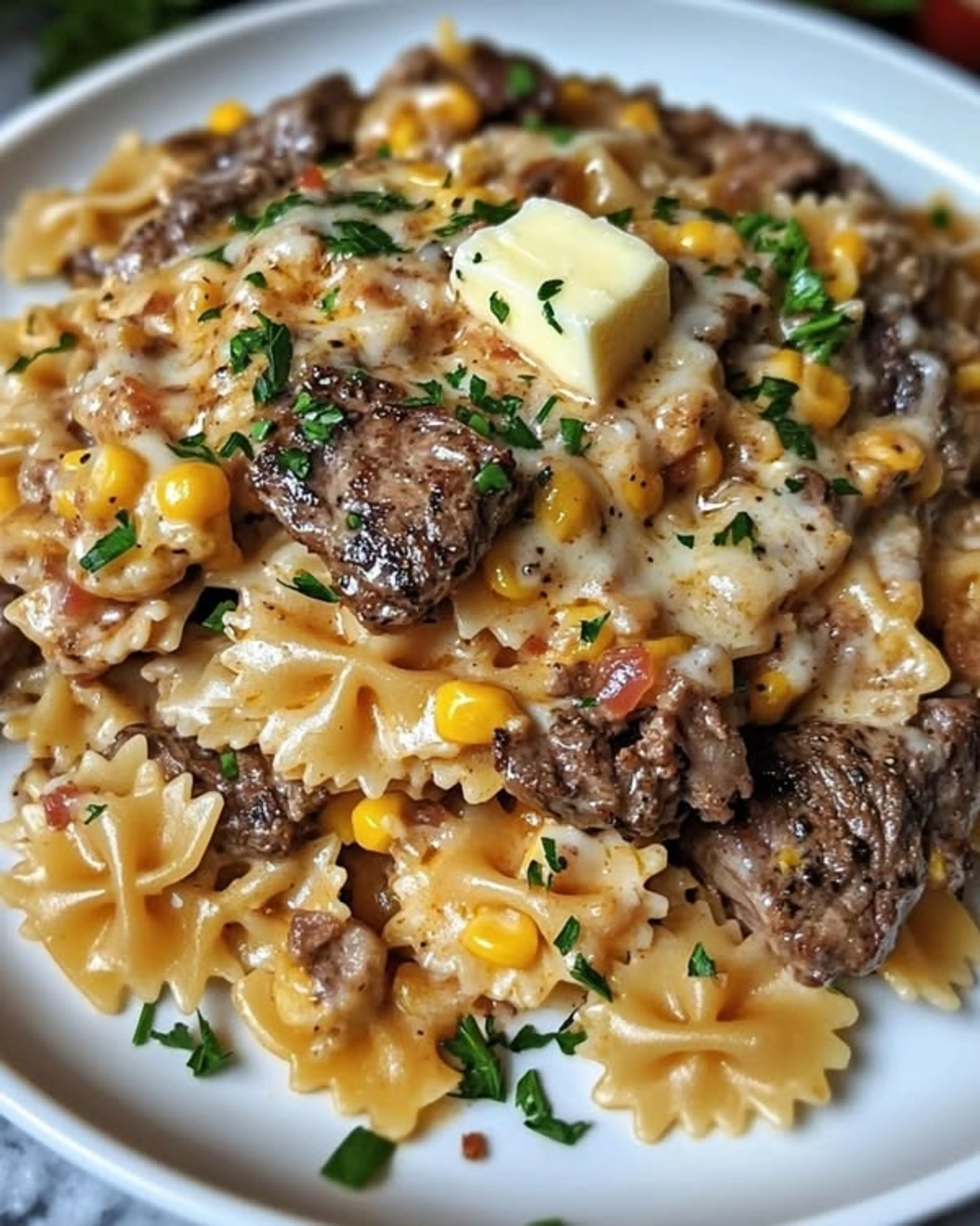 Creamy Parmesan Steak & Sweet Corn Bowtie