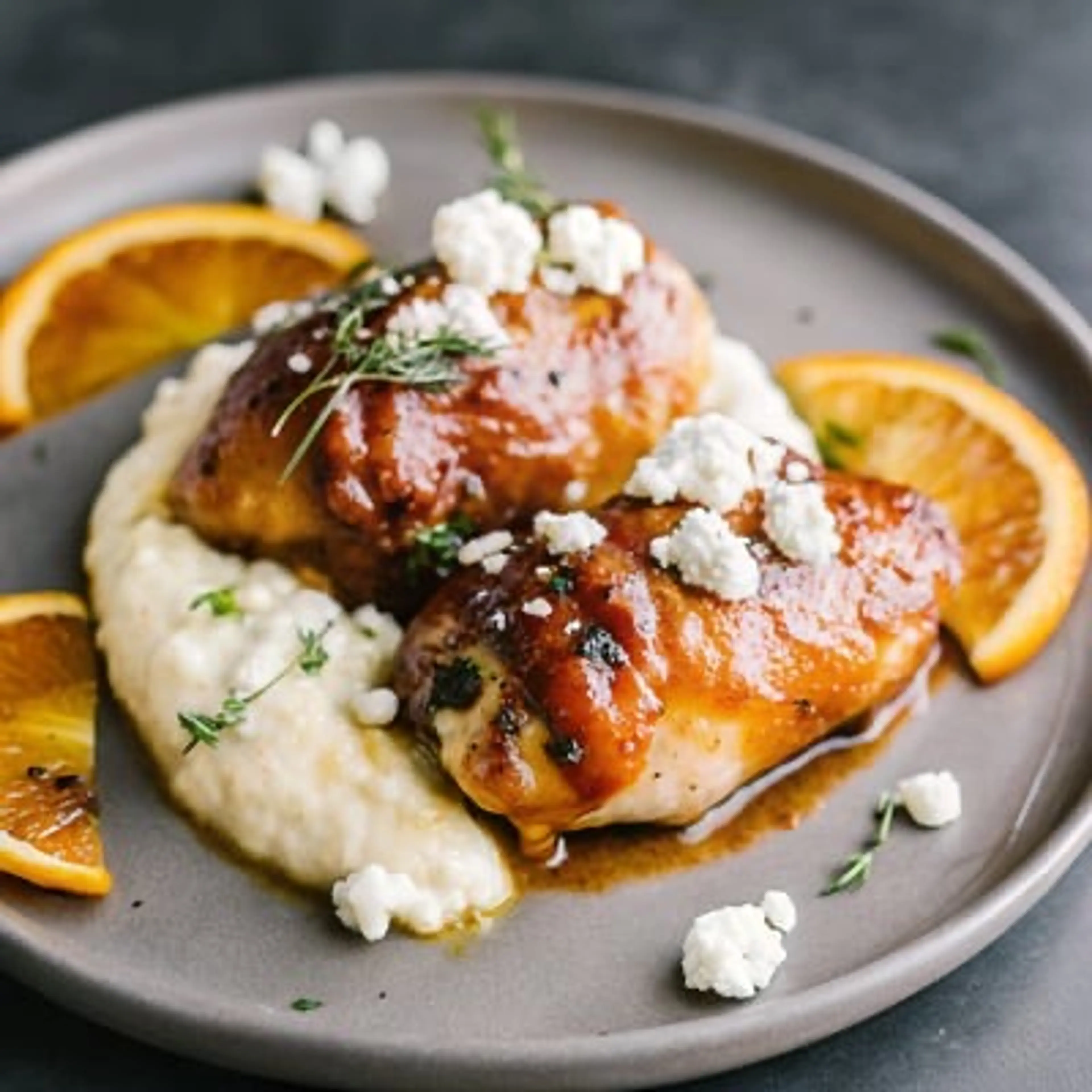 Balsamic Orange Glazed Chicken with Creamy Goat Cheese Polen