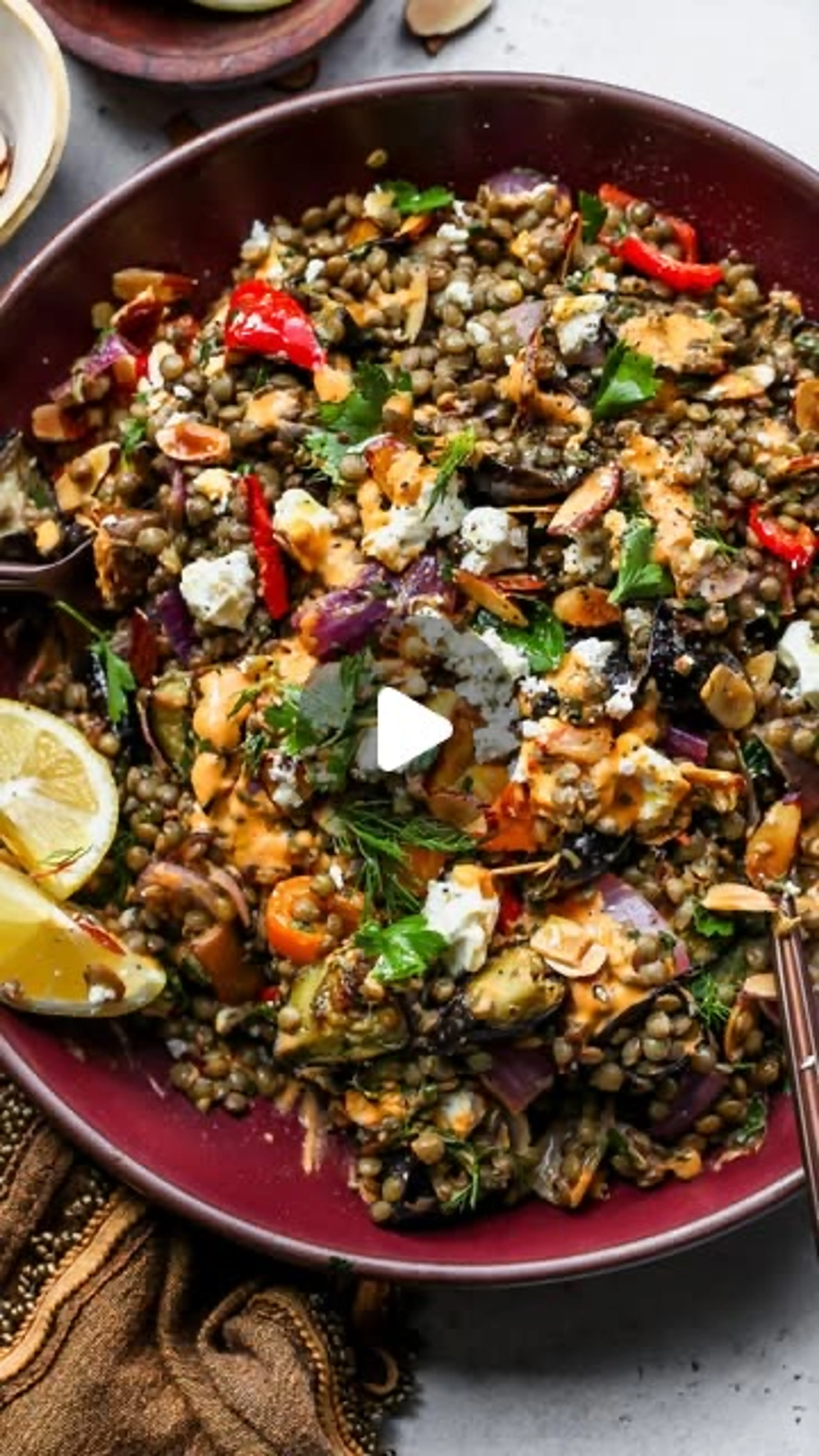 Lemony Lentil and Roasted Eggplant Salad with Harissa-tahini