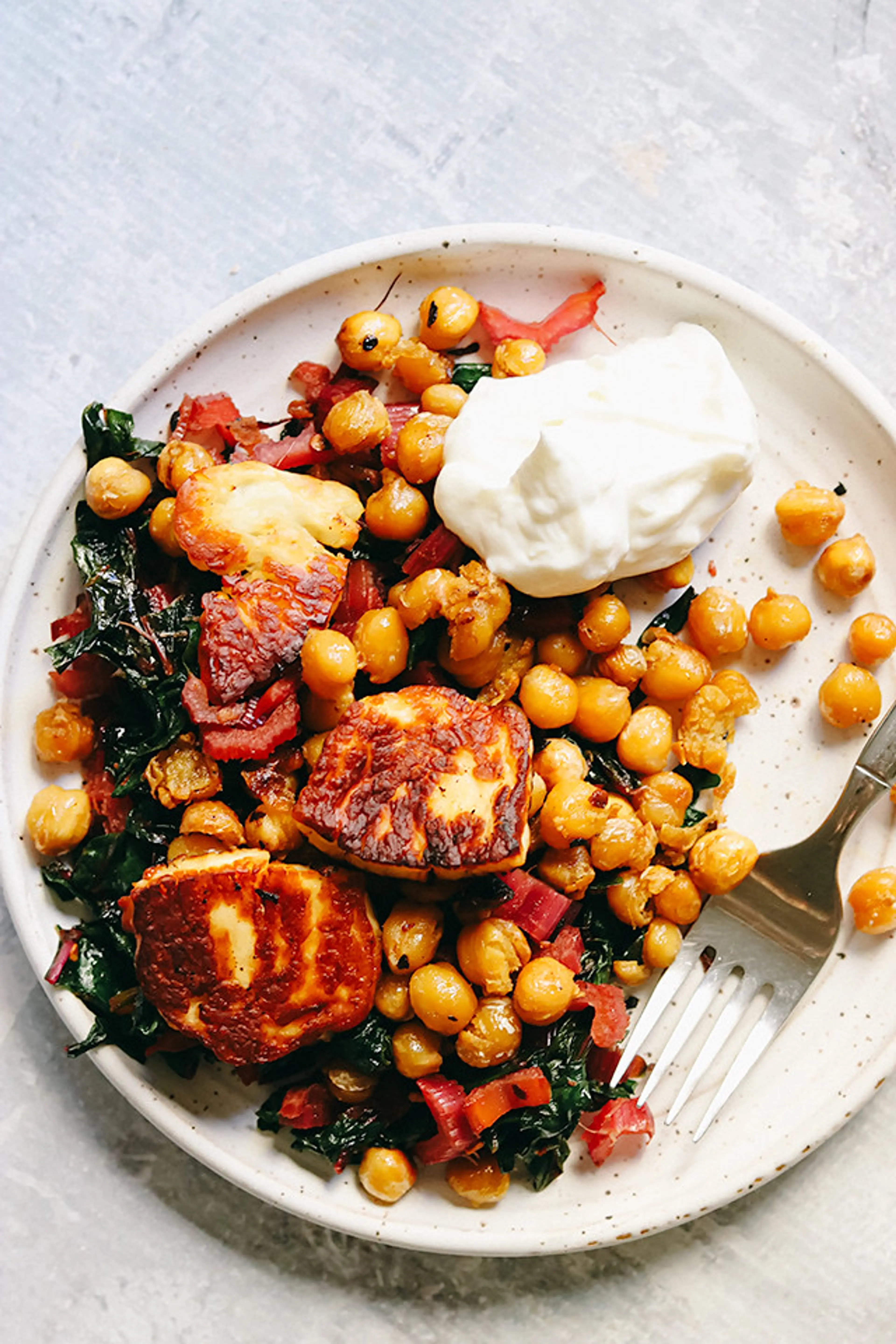 Crispy Chickpeas, Halloumi with Greens, and Garlicky Yogurt