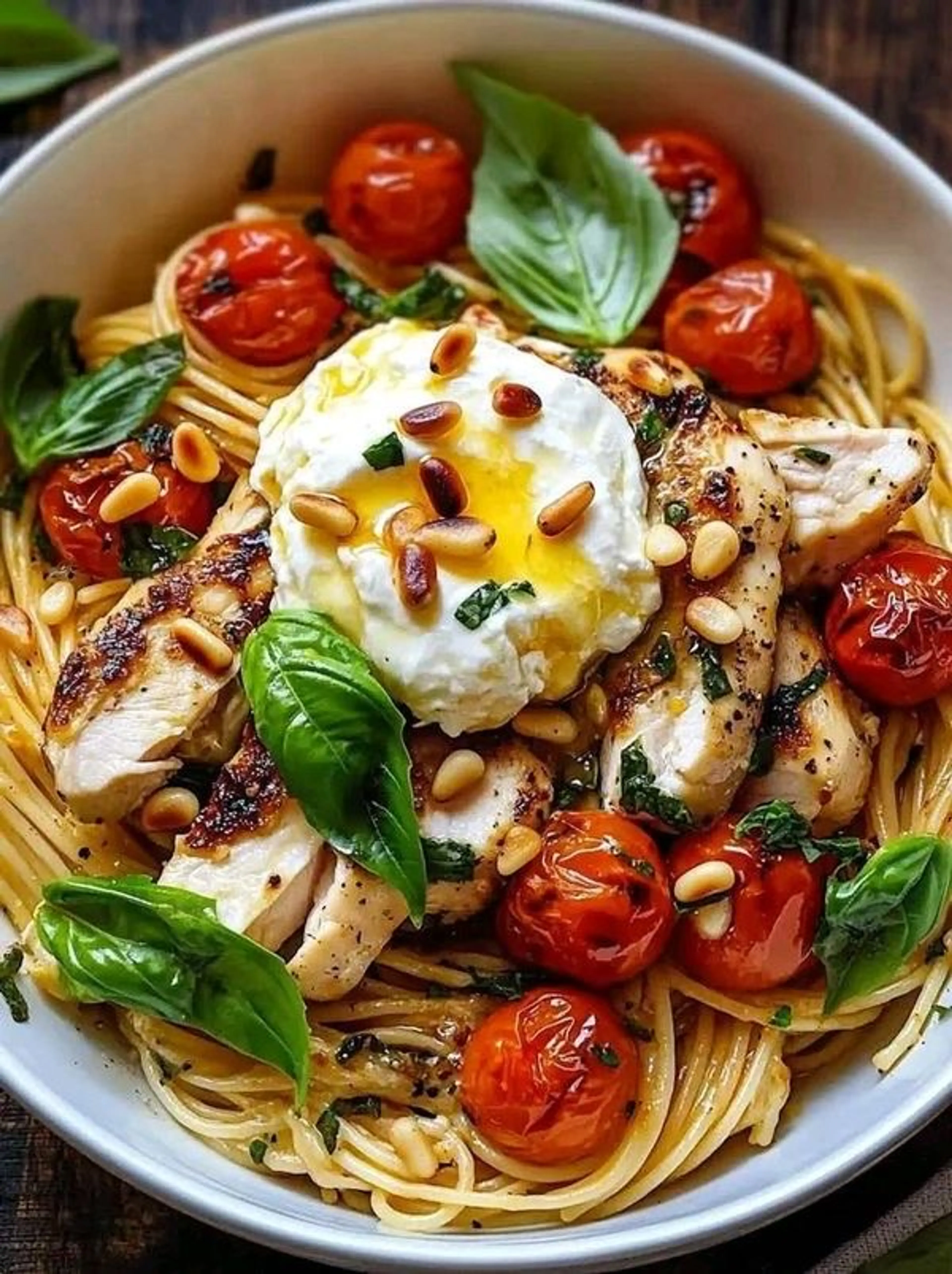Chicken Spaghetti with Burrata & Lemon Butter Garlic Sauce