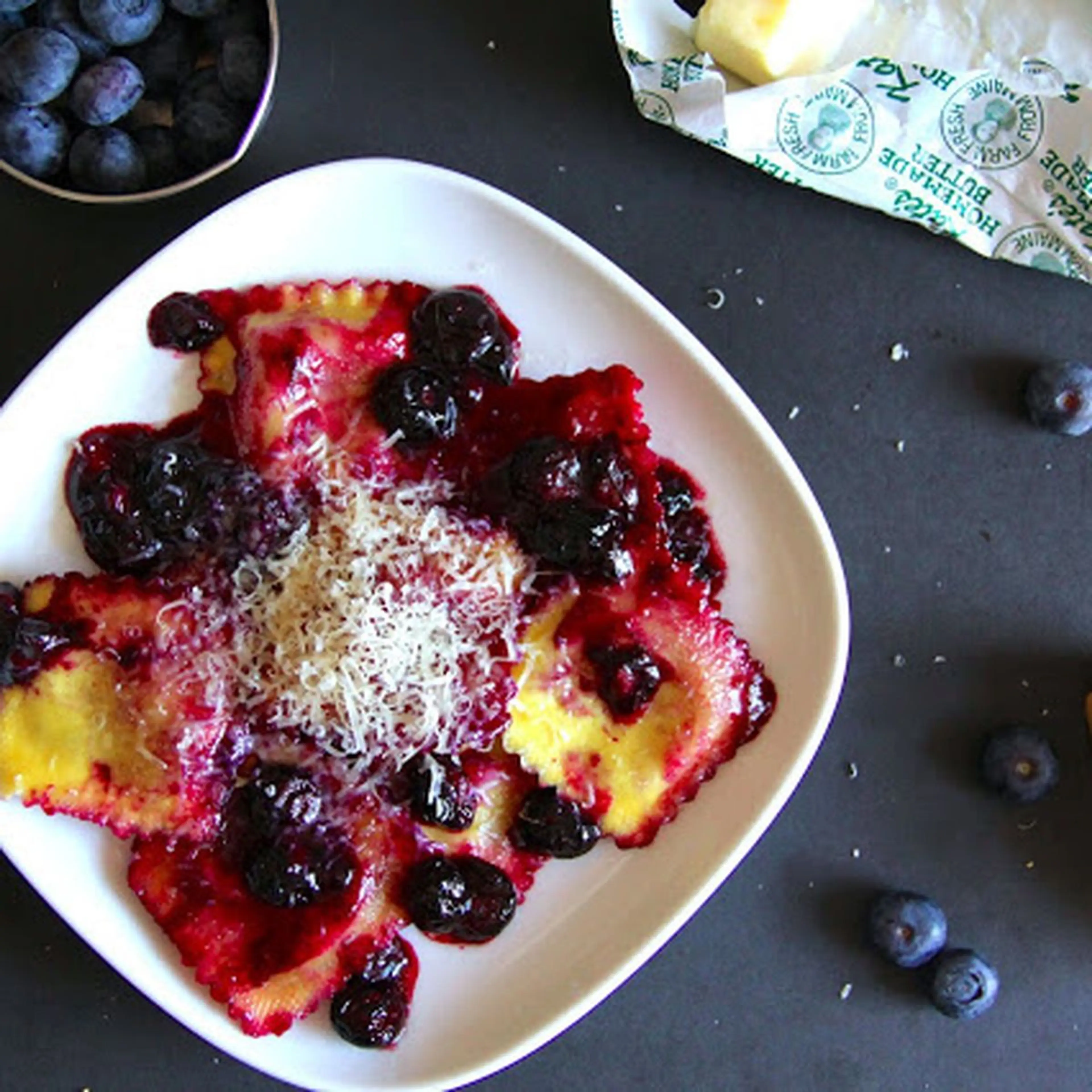 Ricotta Ravioli with Blueberry Pan Sauce