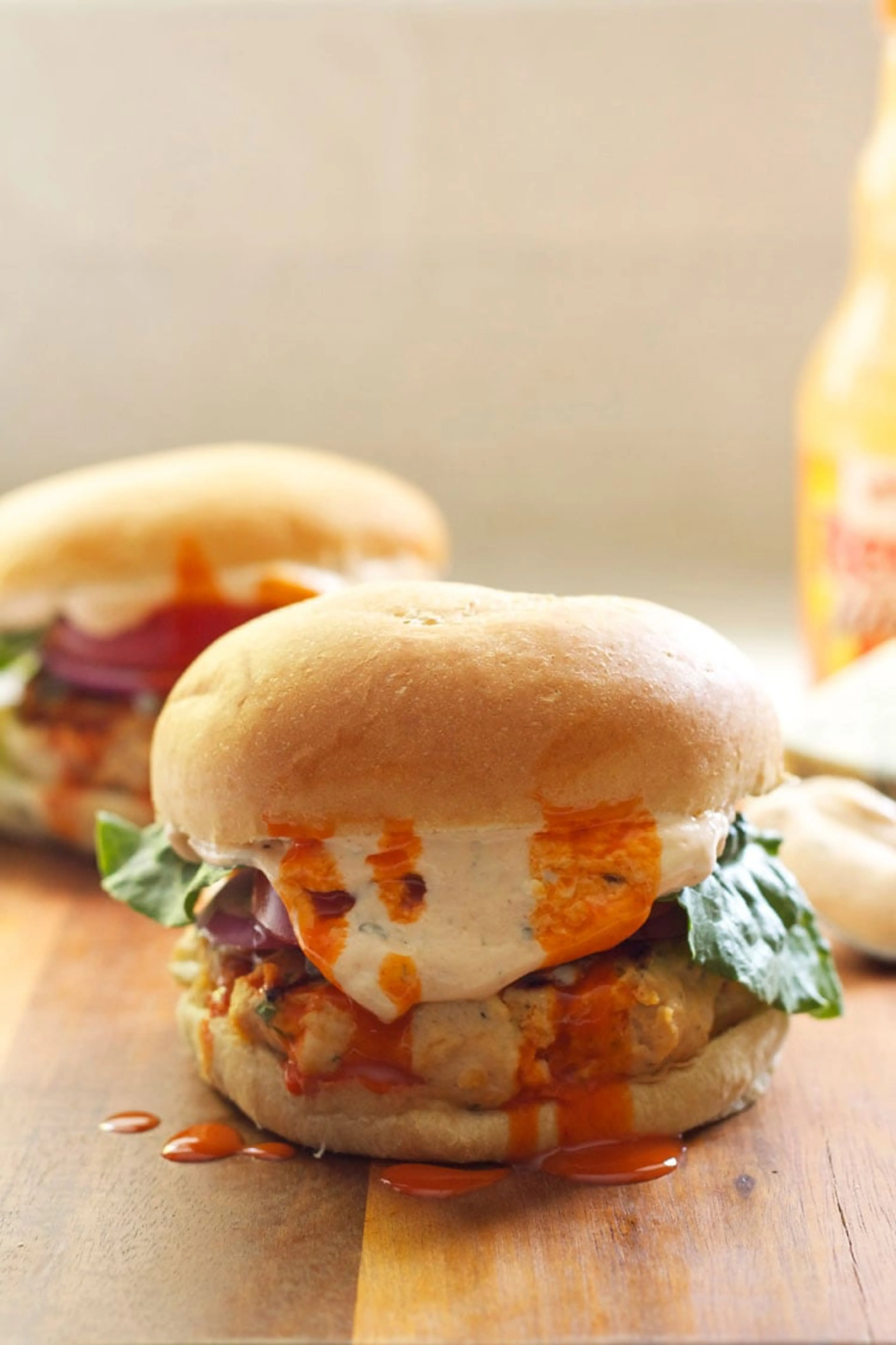 Buffalo Turkey Burgers with Blue Cheese Sauce