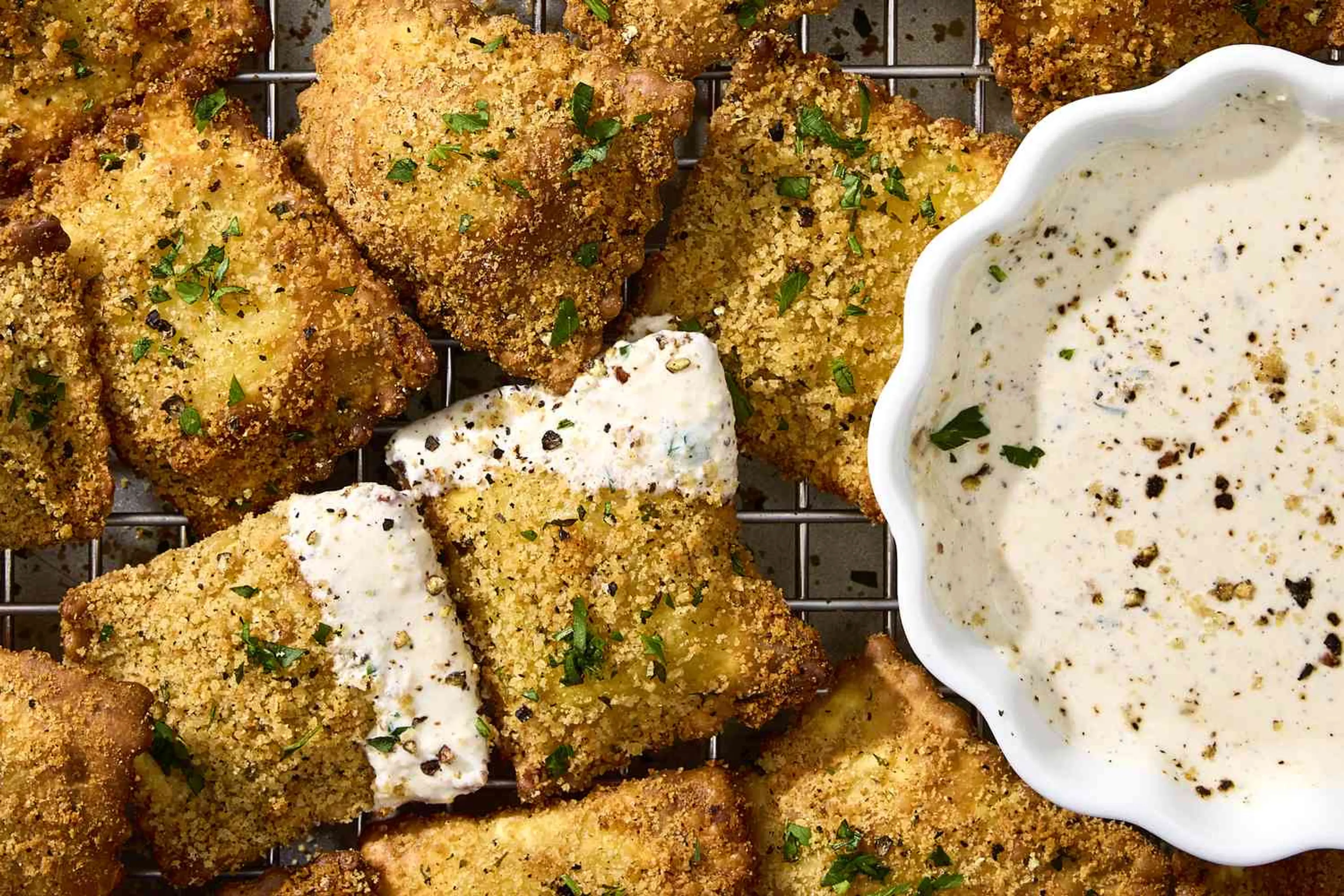 Fried Ravioli with Cacio e Pepe Dip