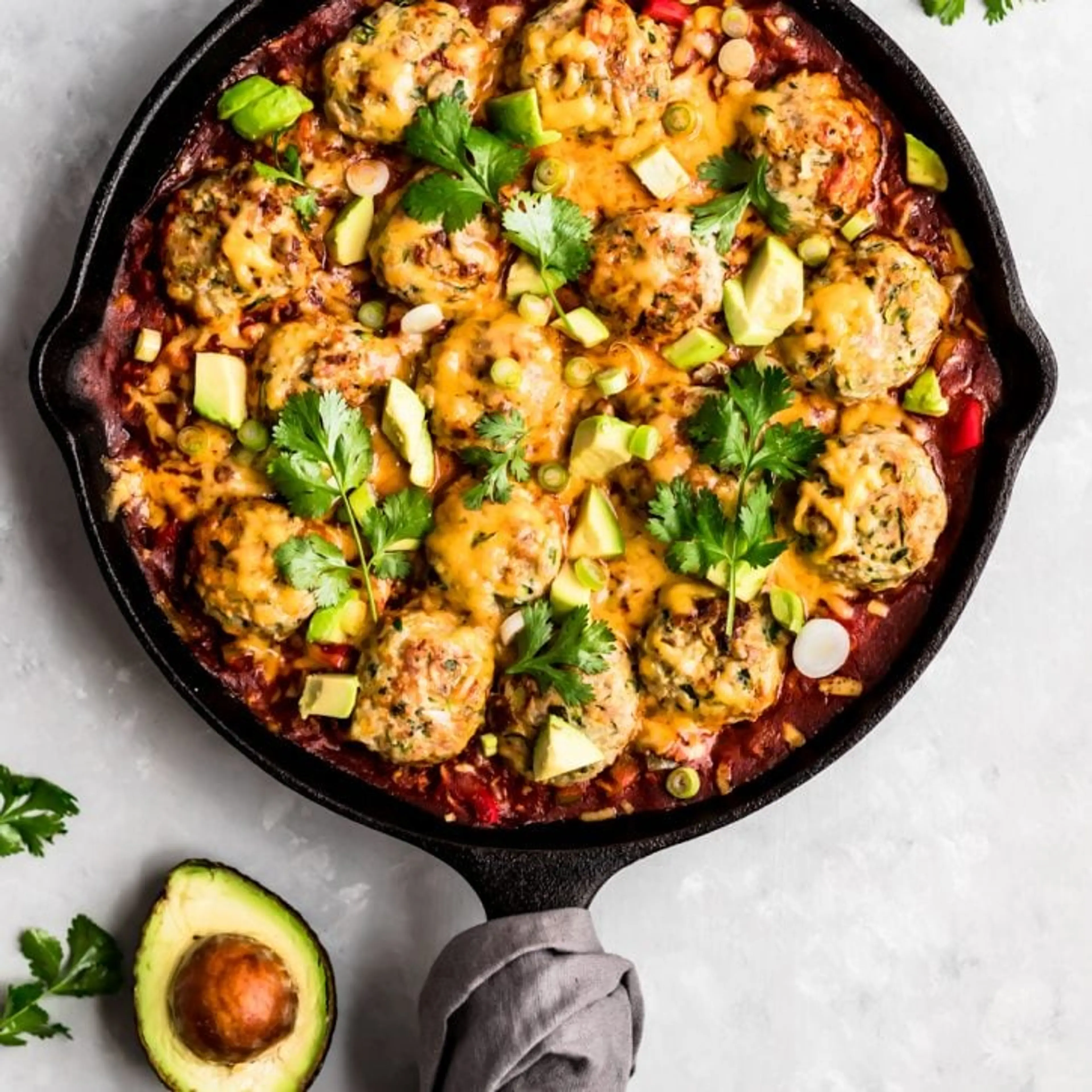 One Pan Enchilada Zucchini Turkey Meatballs and Rice