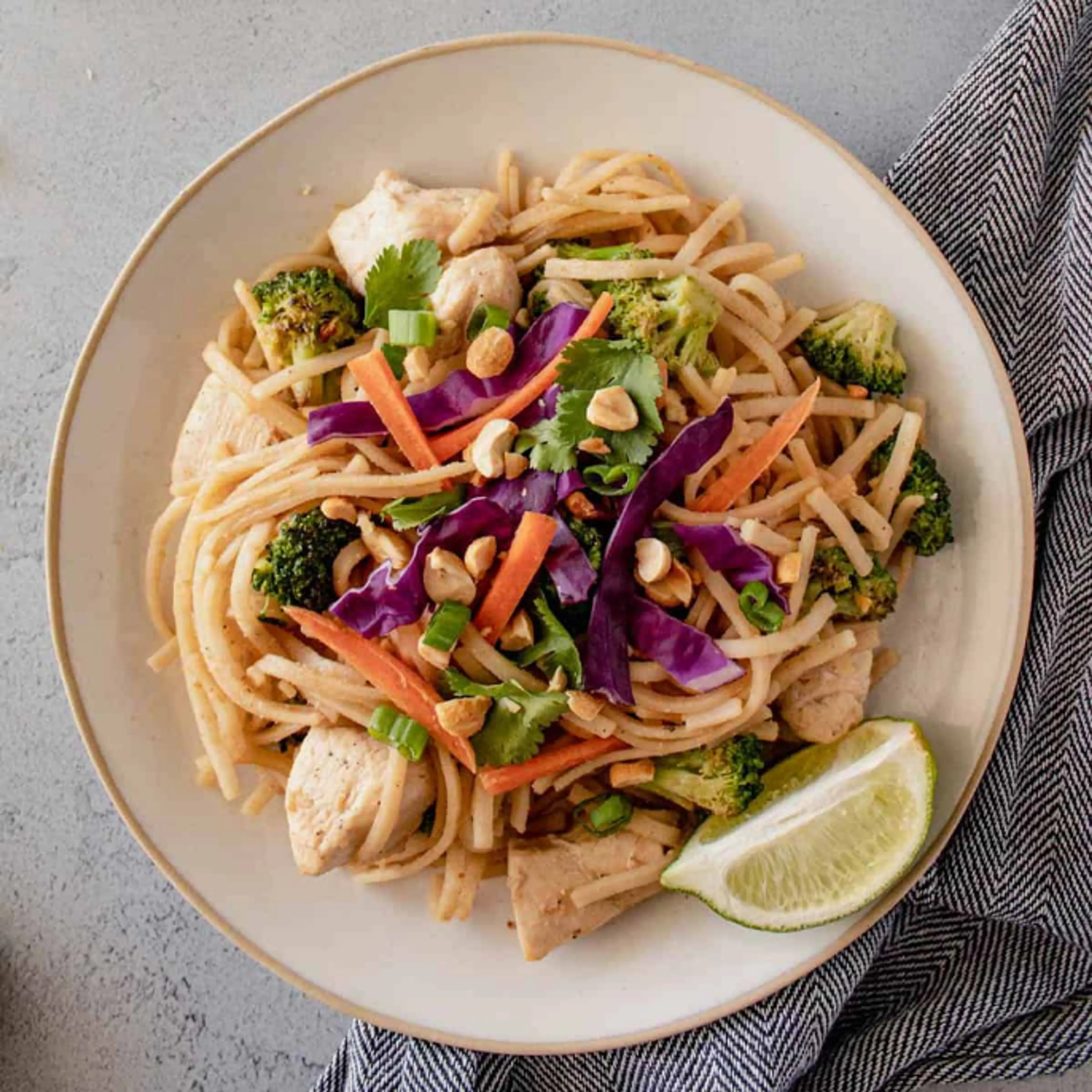 Chicken Pad Thai with Broccoli and Peanut Sauce