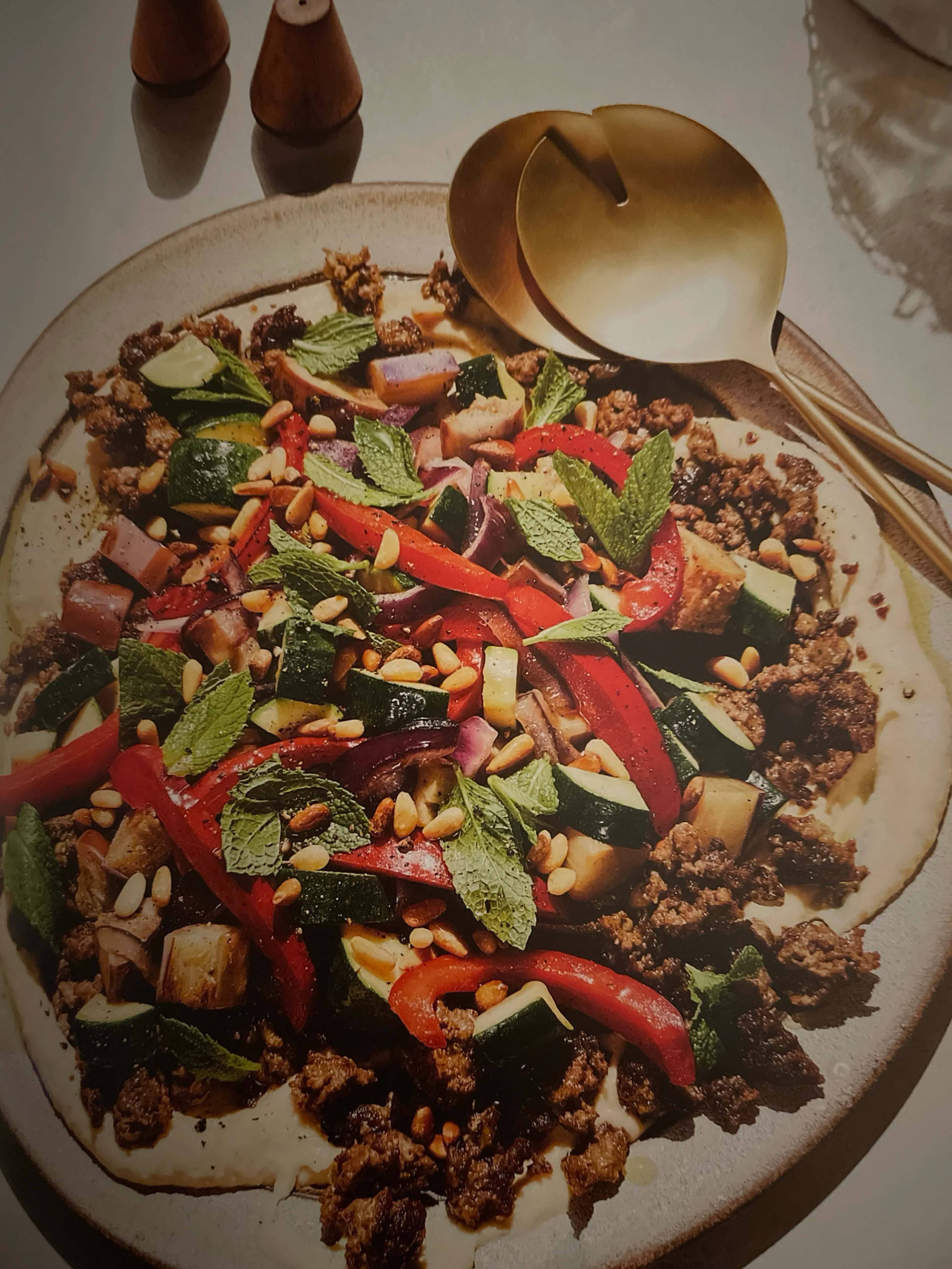 Spiced Crispy Lamb With Eggplant, Squash, And Hummus
