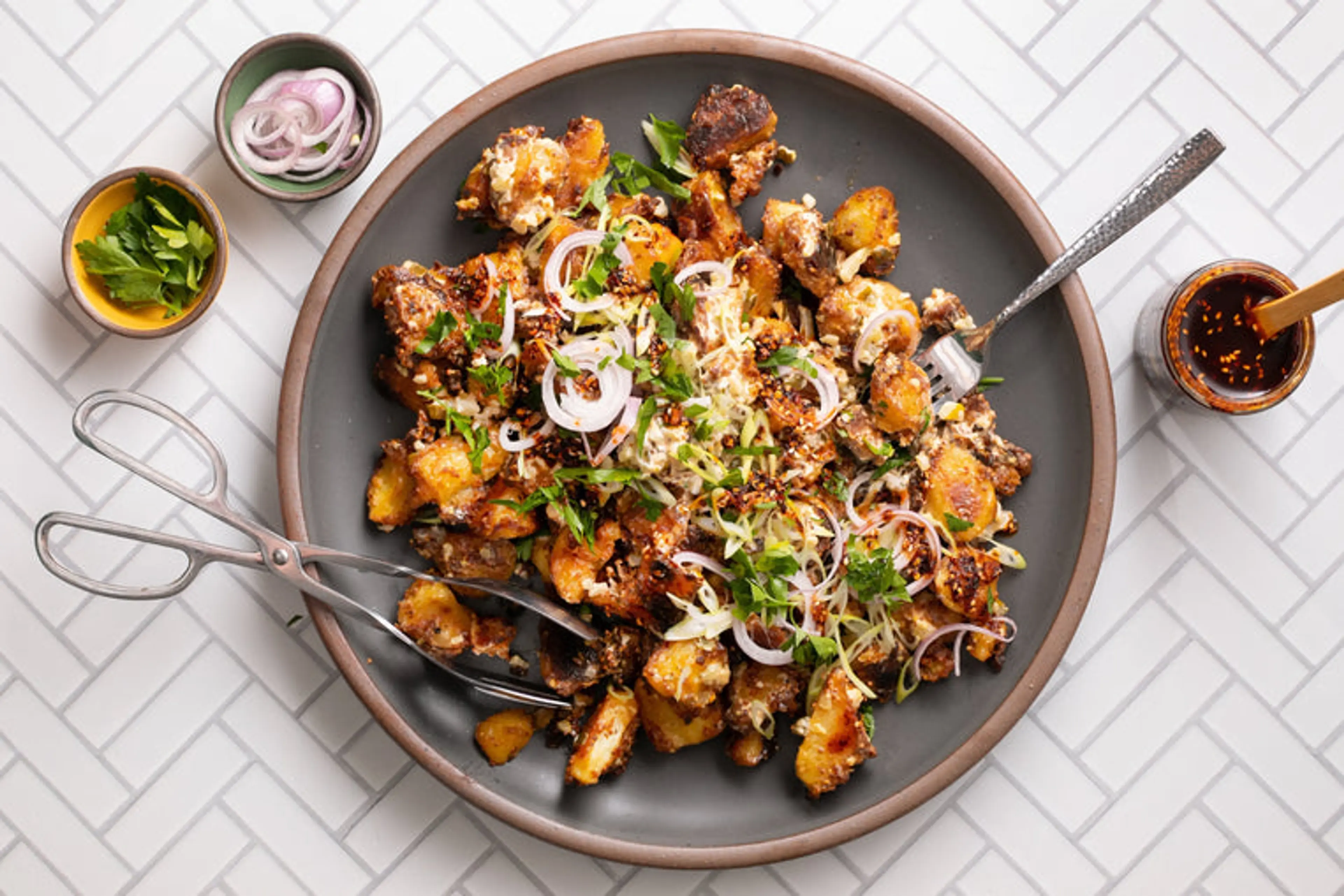 Crispy Smashed Potato Salad + Chilli Crisp Tahini