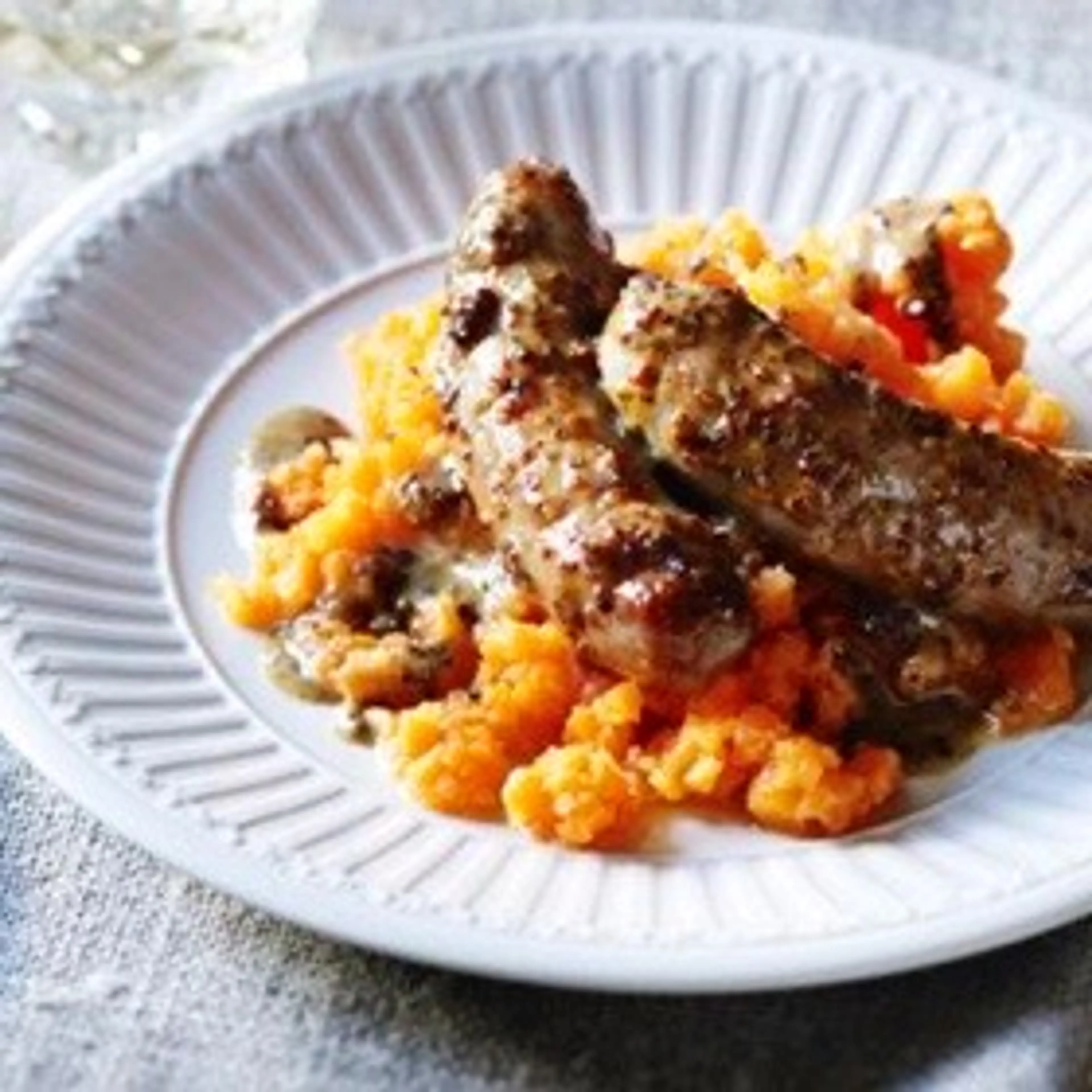 Mustard and Lemon Sausages with Carrot Mash