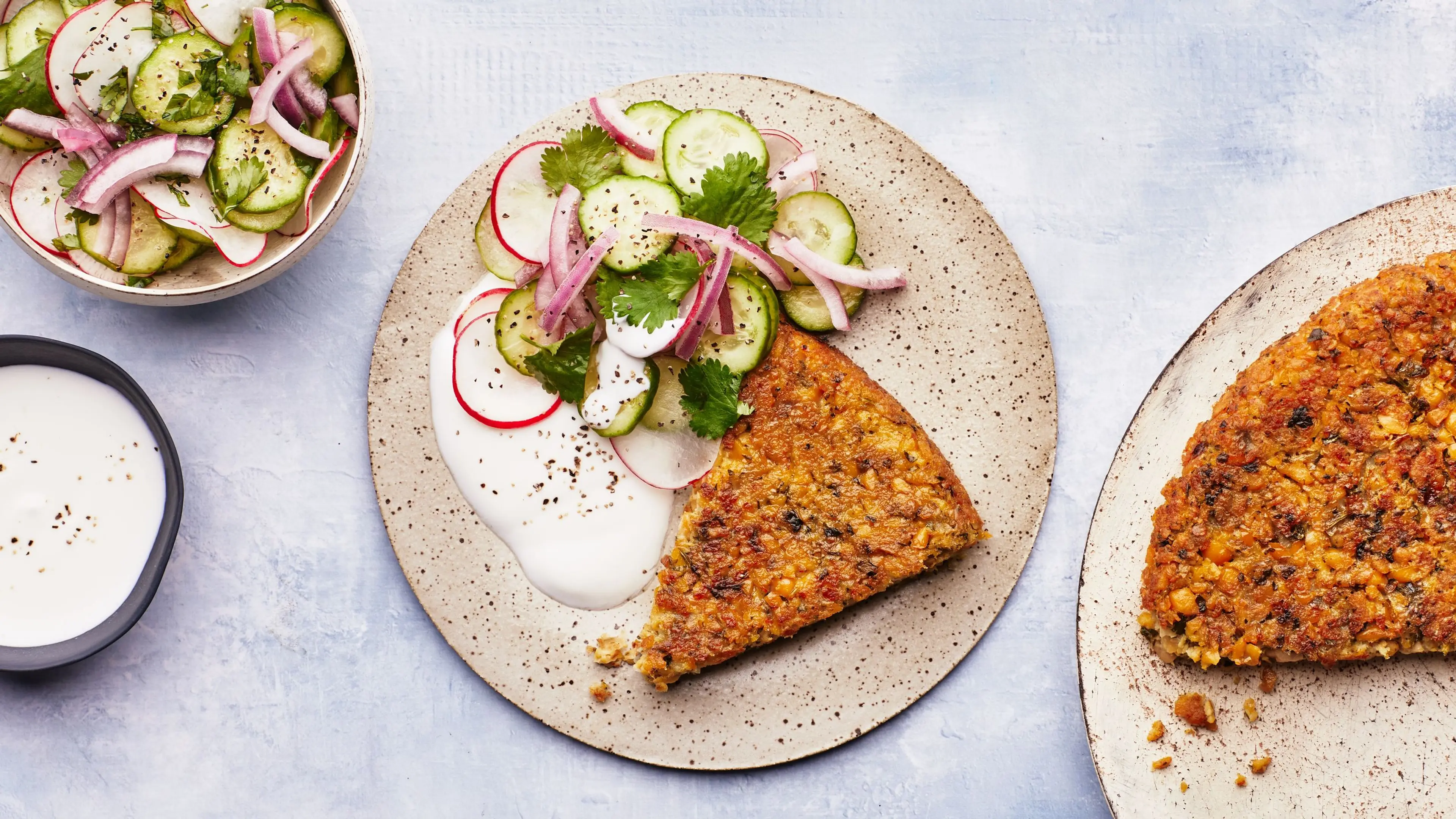Big Baked Falafel Cake With Cucumber Salad