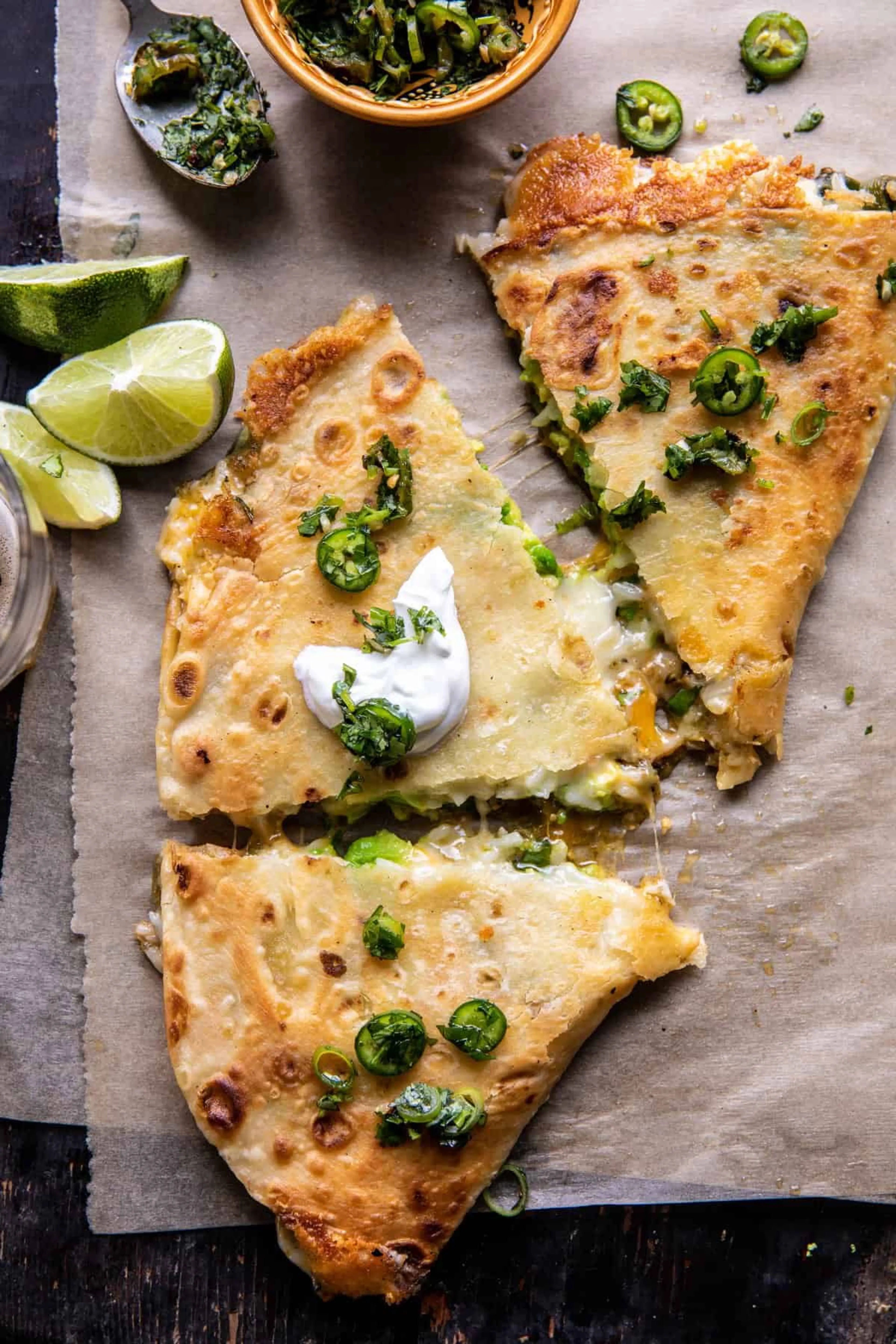 Cheesy Green Chile and Avocado Rice Quesadillas