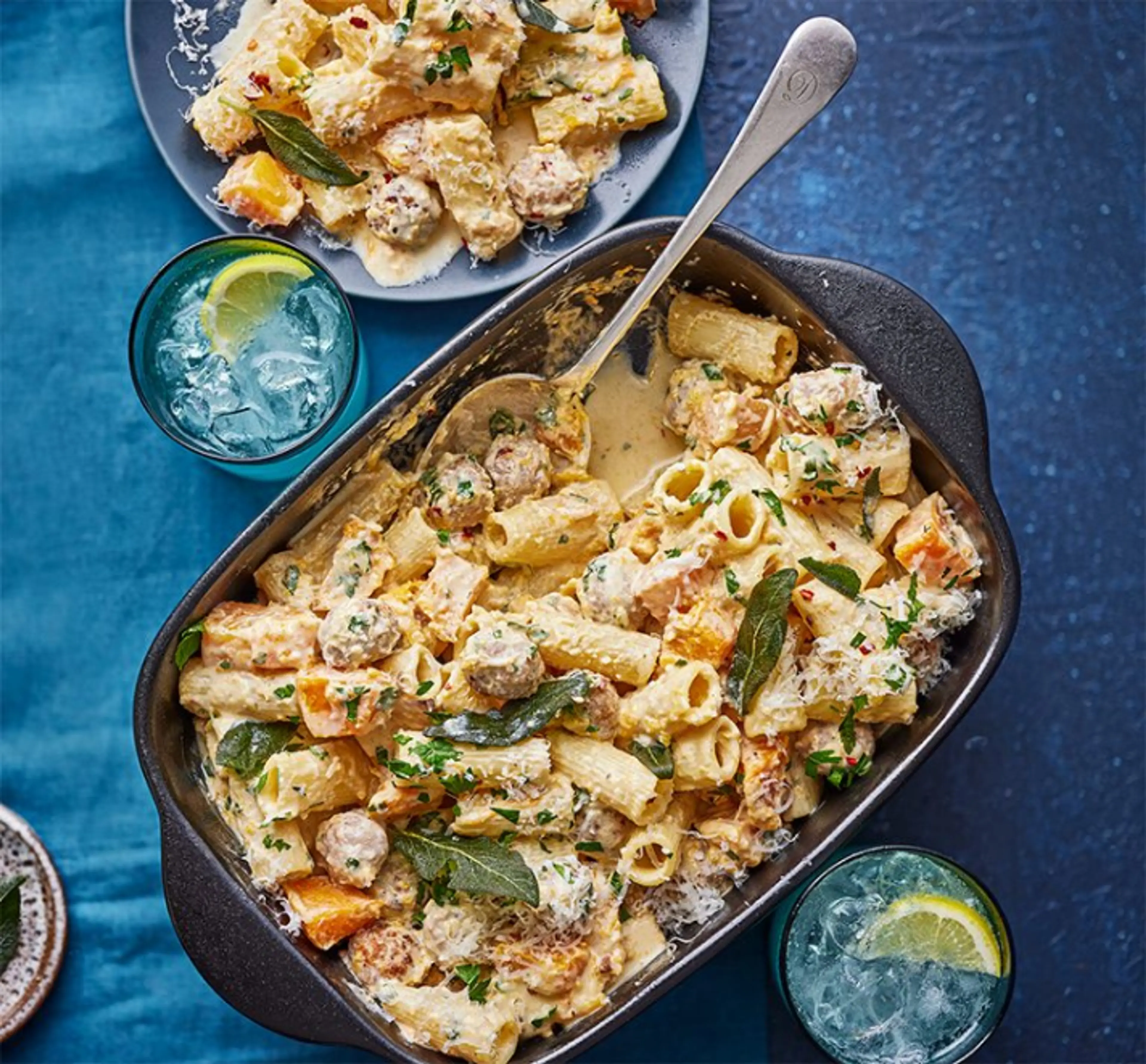 One-pan pumpkin, sage & meatball pasta