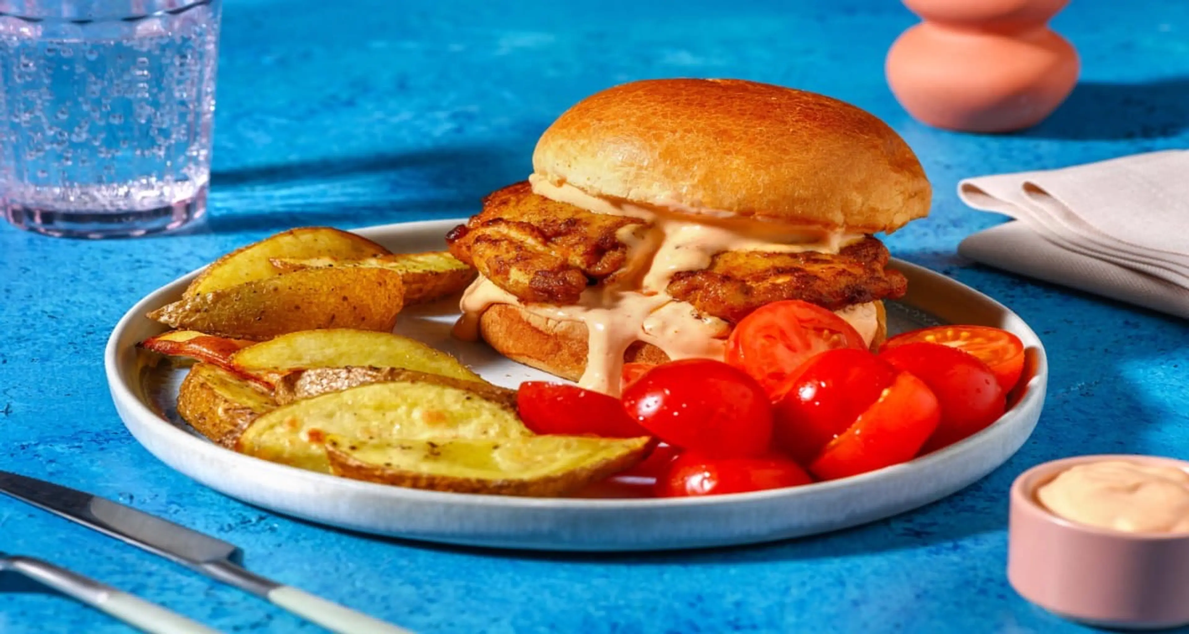 Peri Peri Chicken Burger and Spiced Wedges with Tomato Salad
