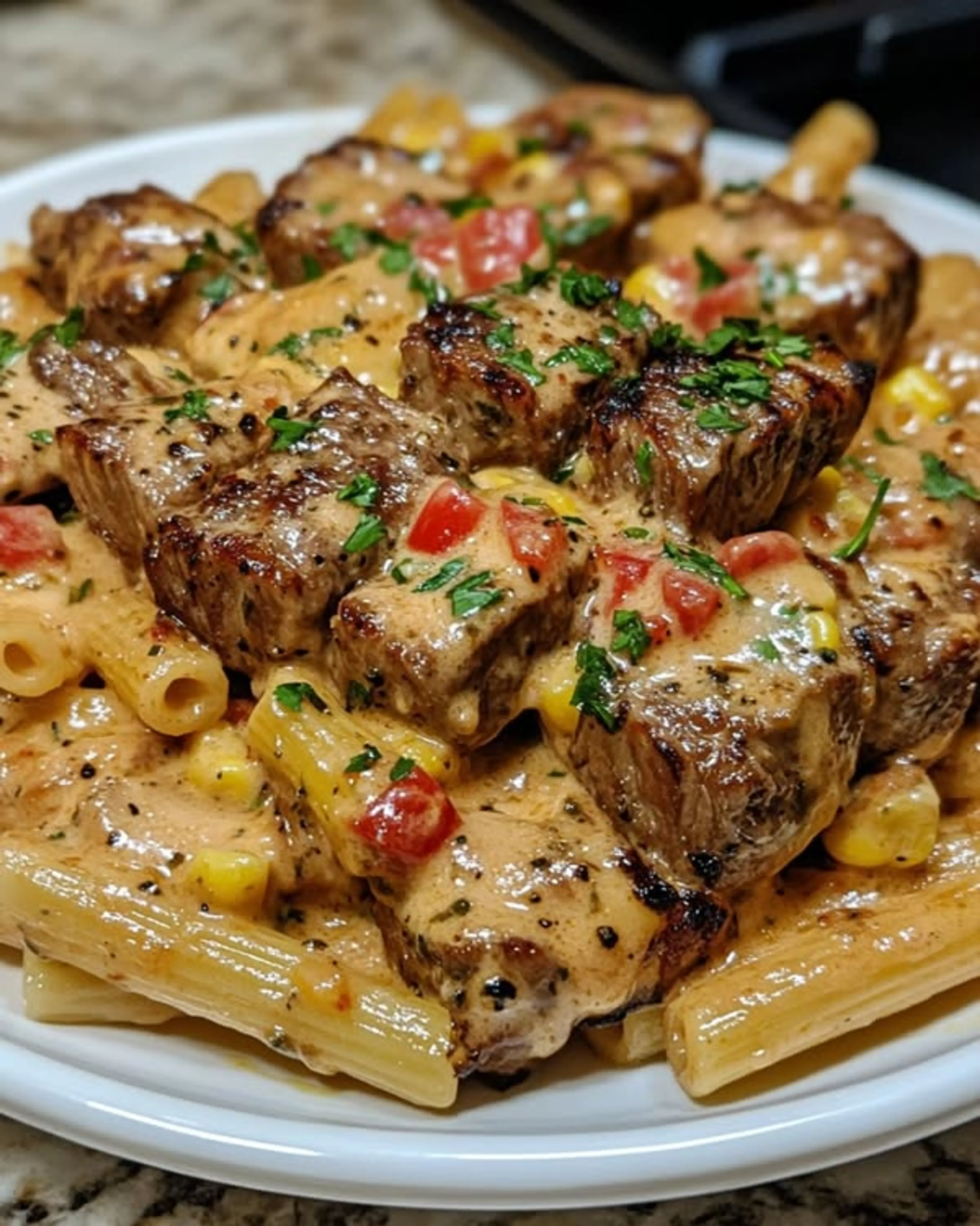 Creamed Corn Steak Bites Herb Penne