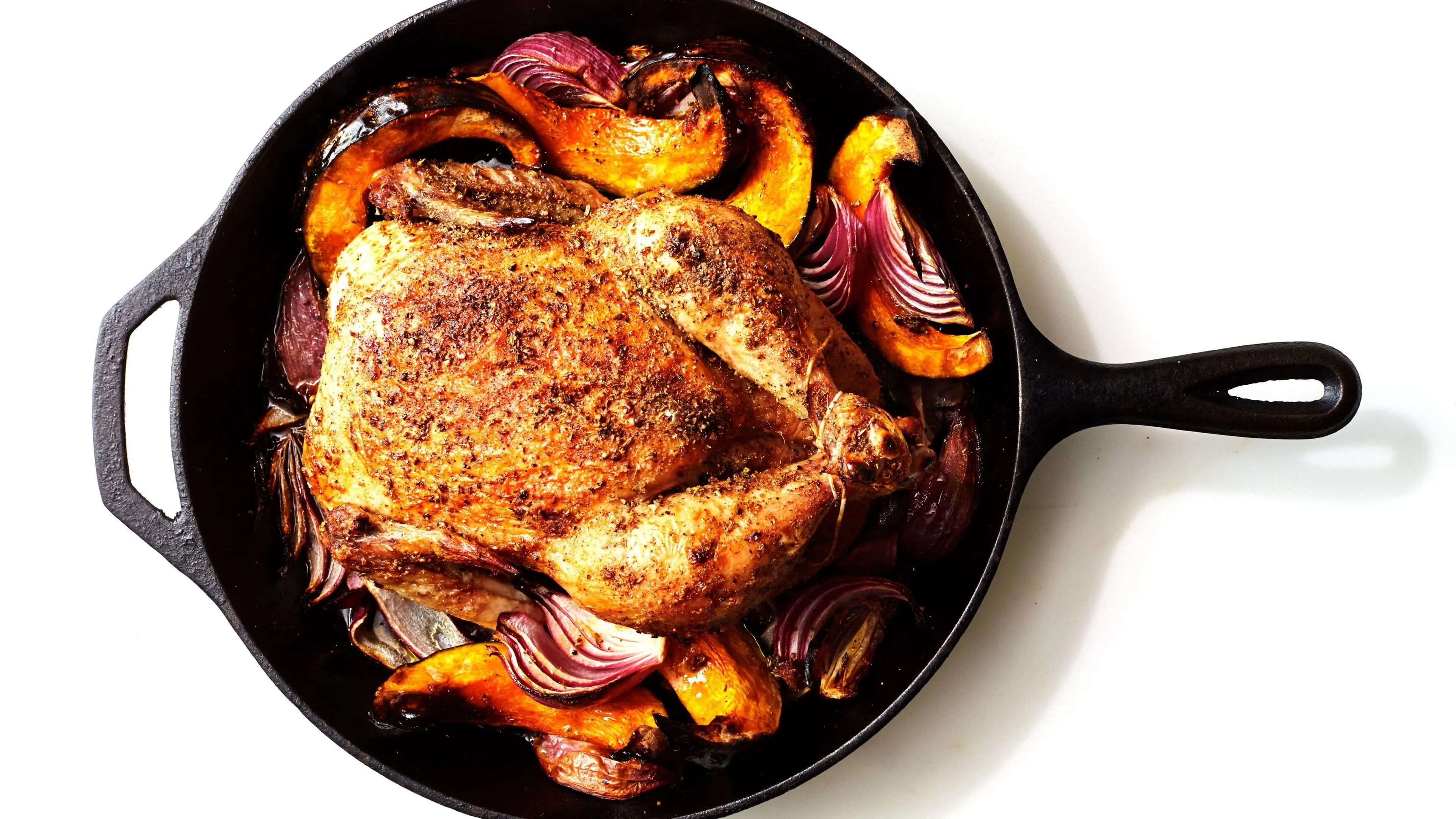 Cast-Iron Roast Chicken With Winter Squash, Red Onions, and